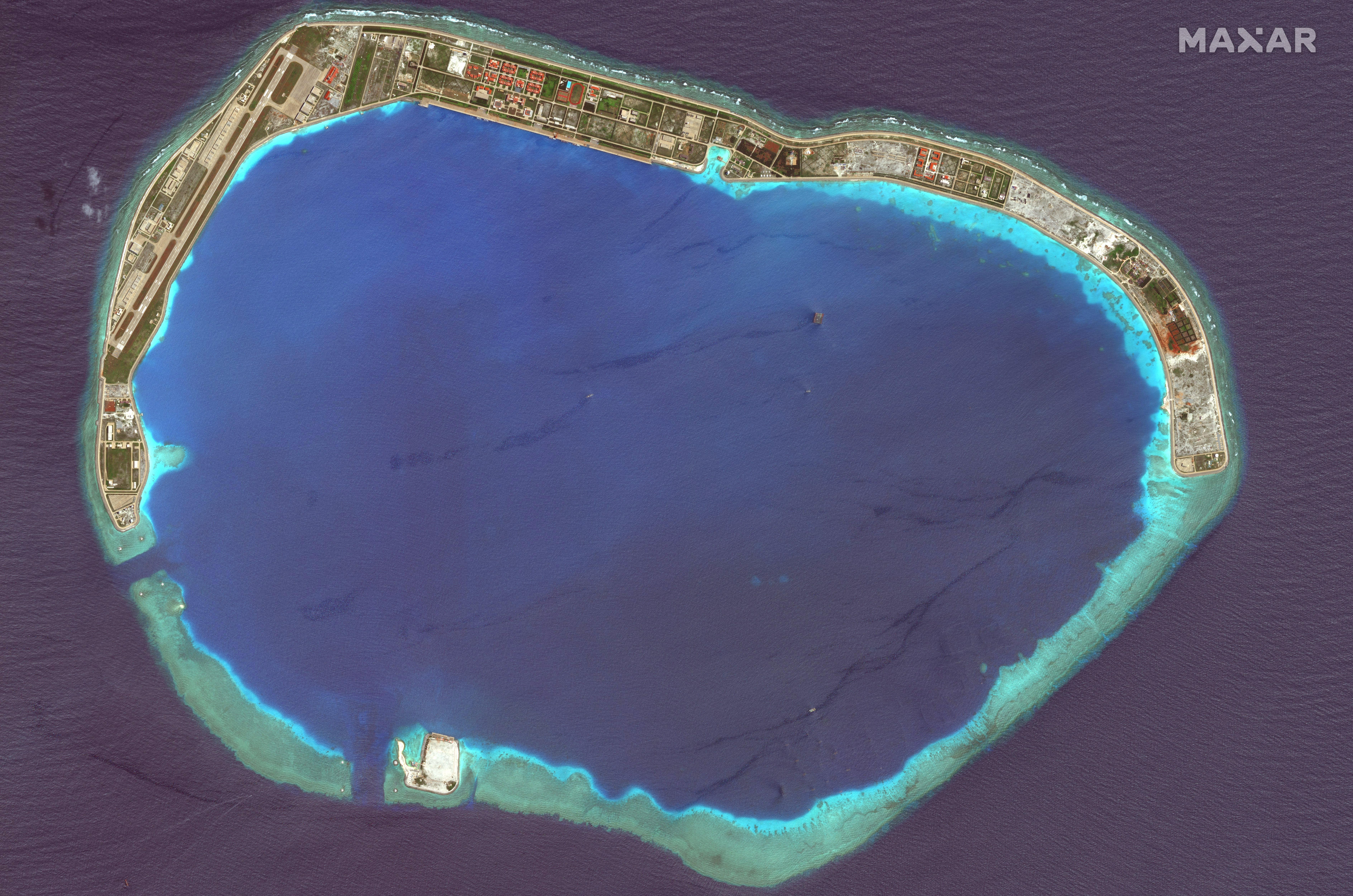 A satellite overview of Mischief Reef in the east of the Spratly Islands as seen on 1 April 2022