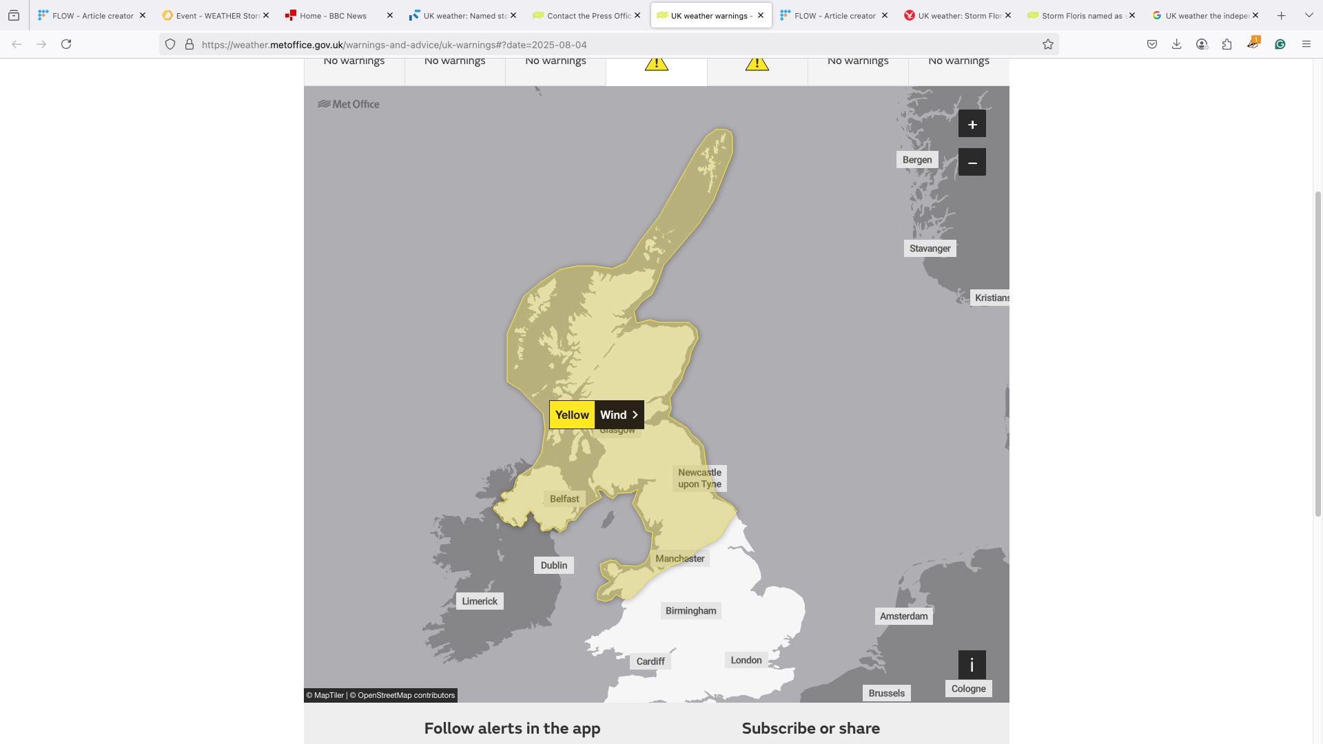 Yellow weather warnings have been put in place for Monday across much of north England and Scotland