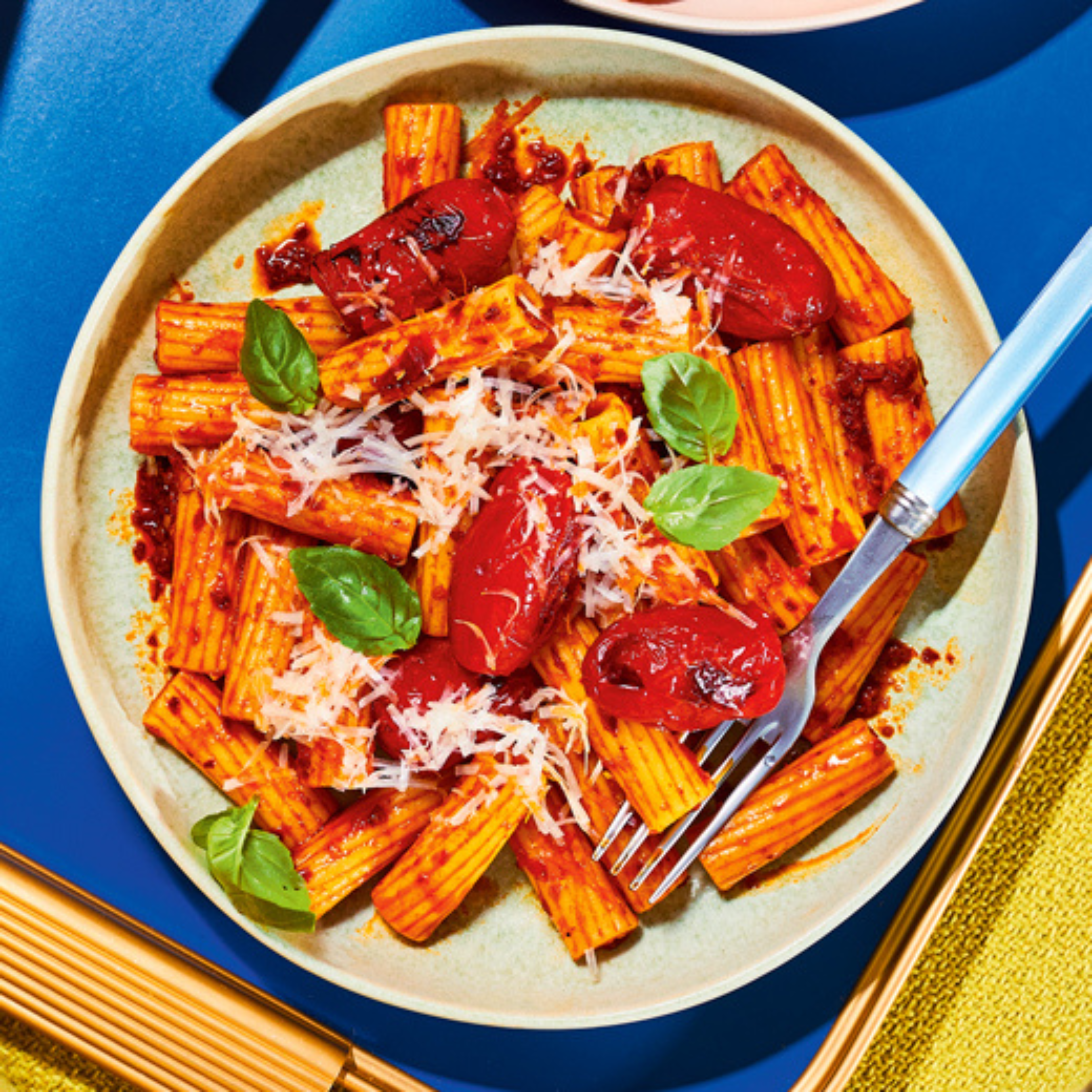 Blistered tomatoes bring a jammy sweetness that balances the heat of vegan ’nduja – add olives and capers for an extra savoury hit