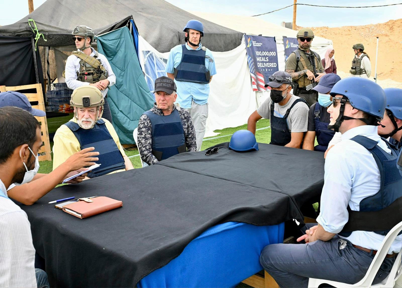 White House special envoy Steve Witkoff, right, and US ambassador to Israel Mike Huckabee, left, visit a food distribution site run by the Gaza Humanitarian Foundation