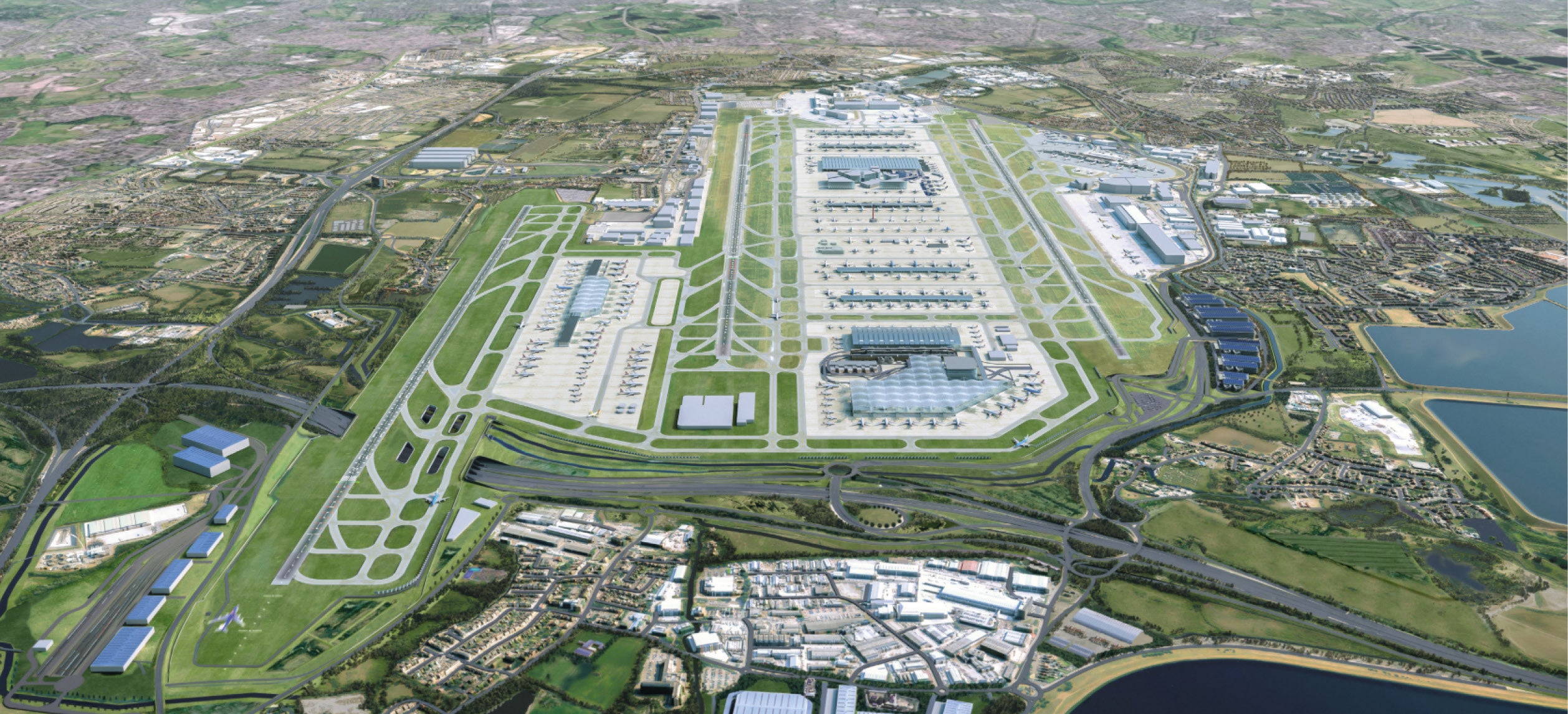 Bigger and better? Artist's impression of an expanded Heathrow. The new runway is shown on the left, crossing the M25 motorway