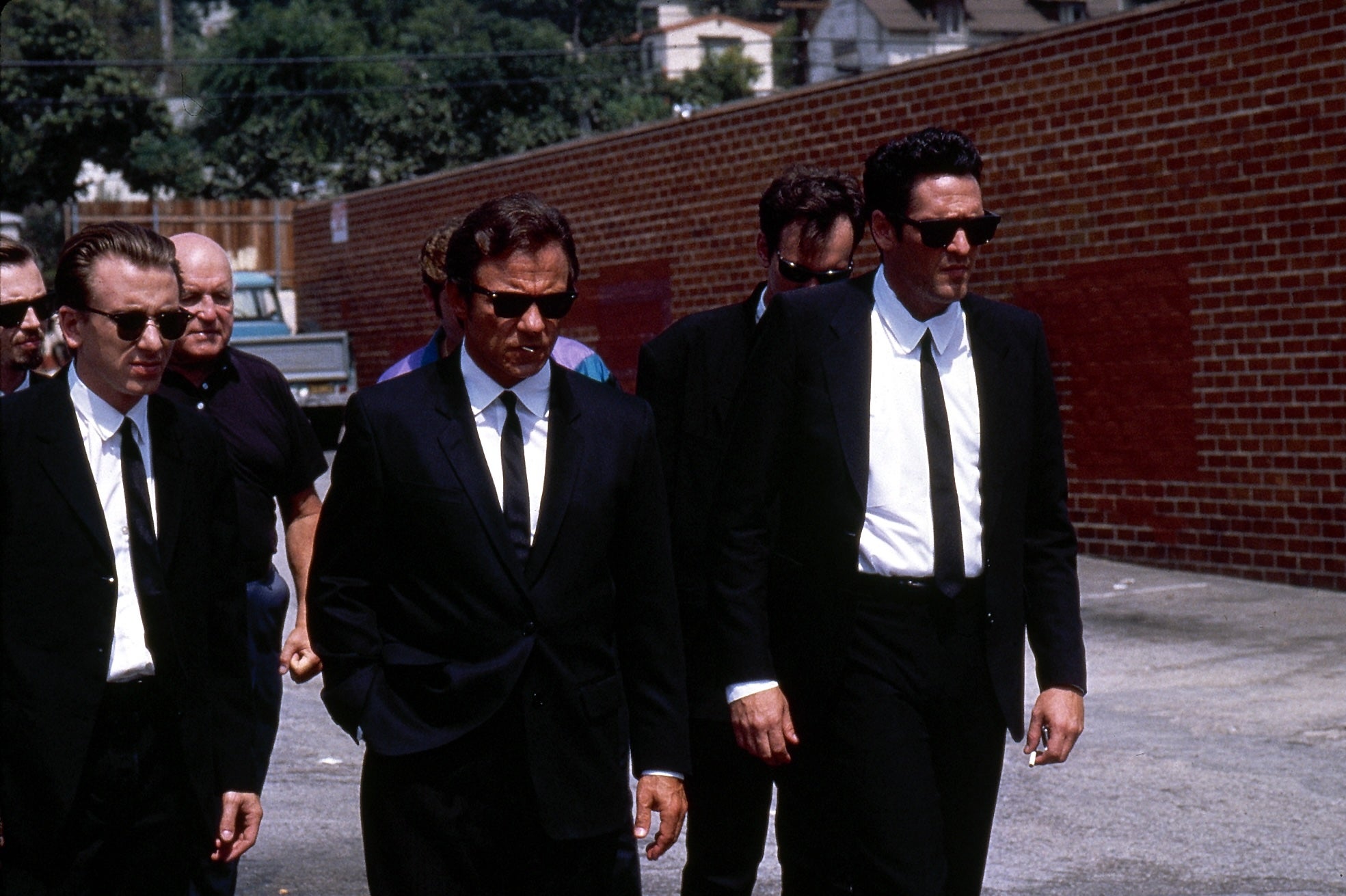 Lawrence Tierney (third from left) and Michael Madsen (far right) among their fellow 'Reservoir Dogs'