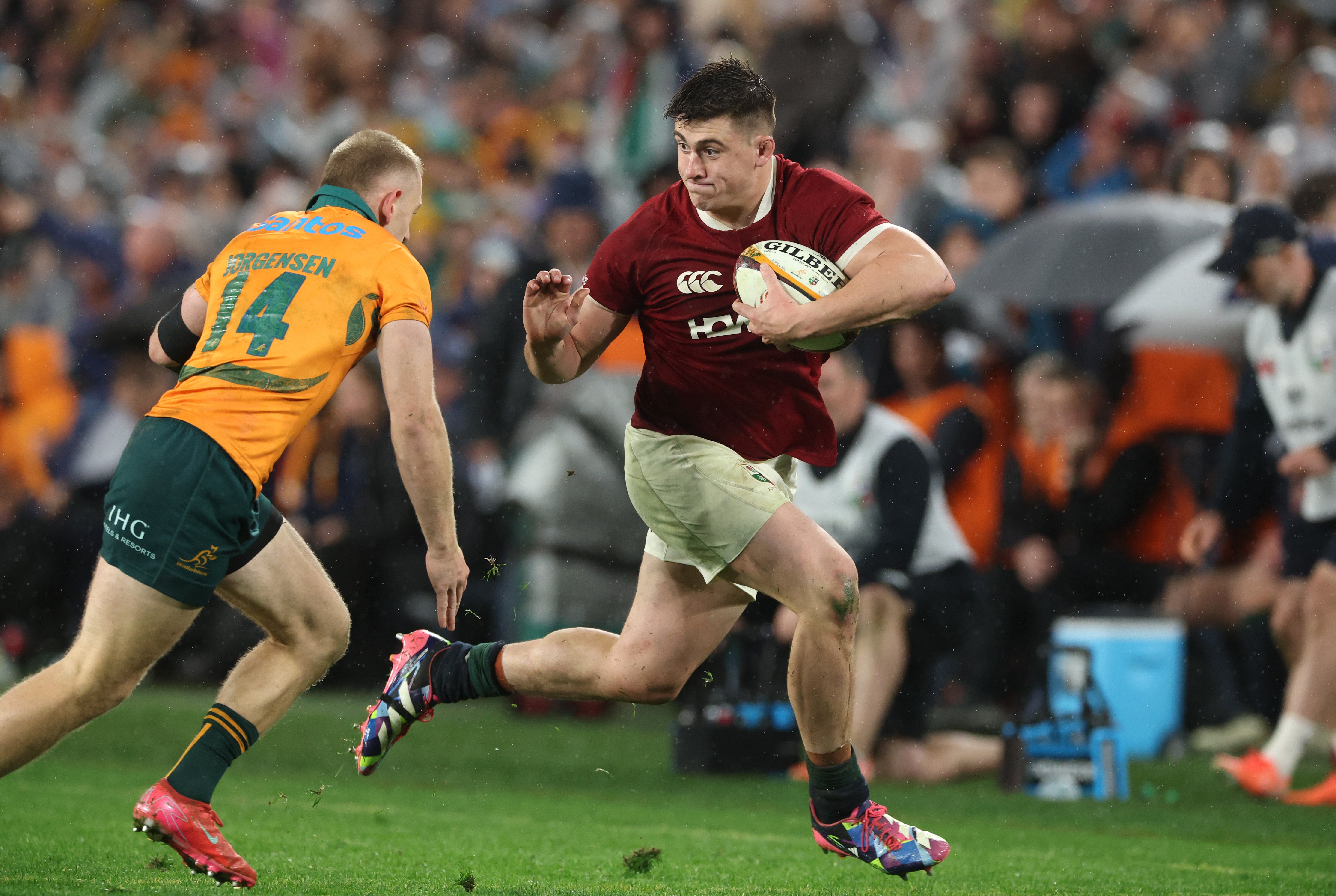 Dan Sheehan of the British & Irish Lions gets past Max Jorgensen of Australia during the third Test of the series