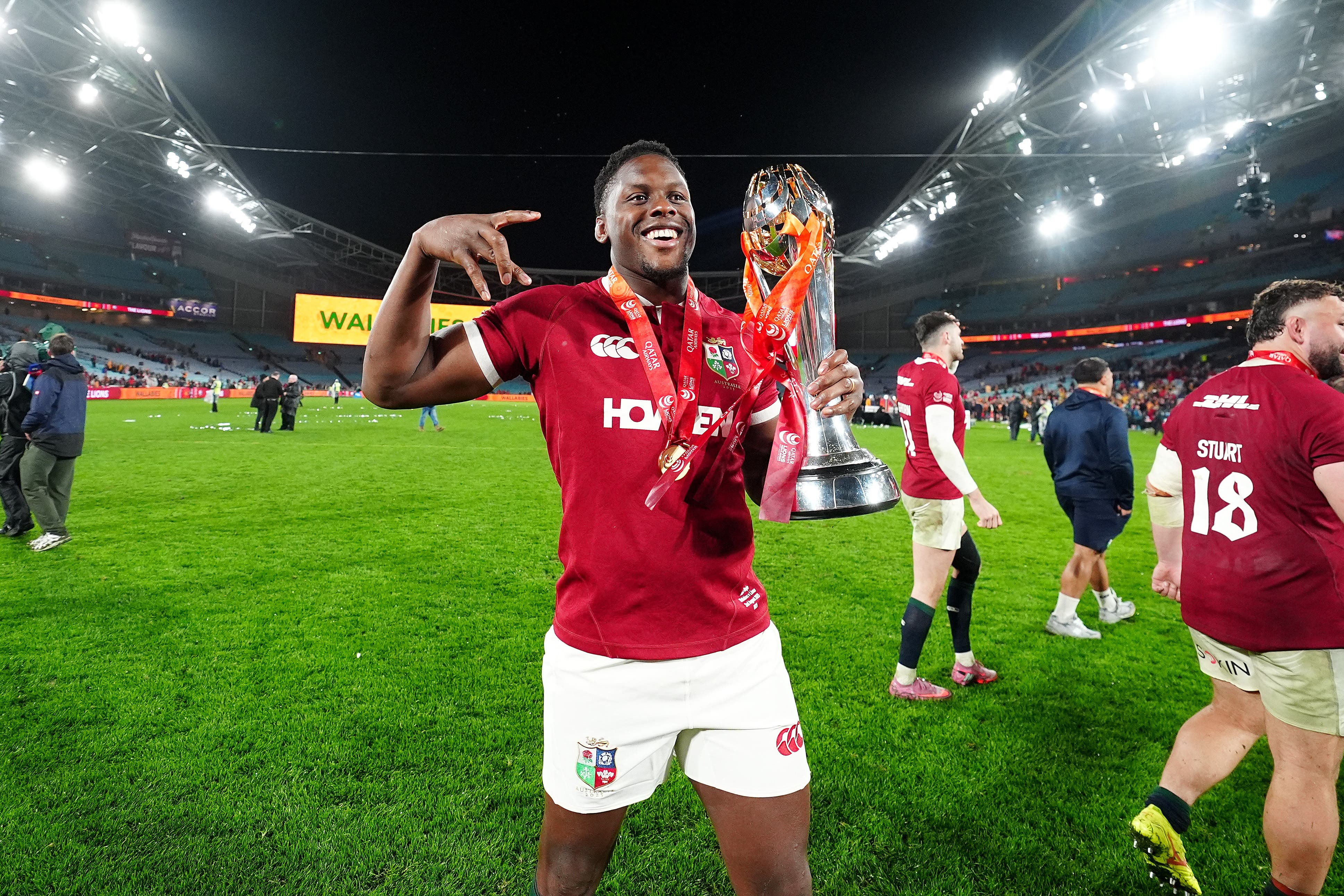 British and Irish Lions captain Maro Itoje celebrates winning the series against Australia