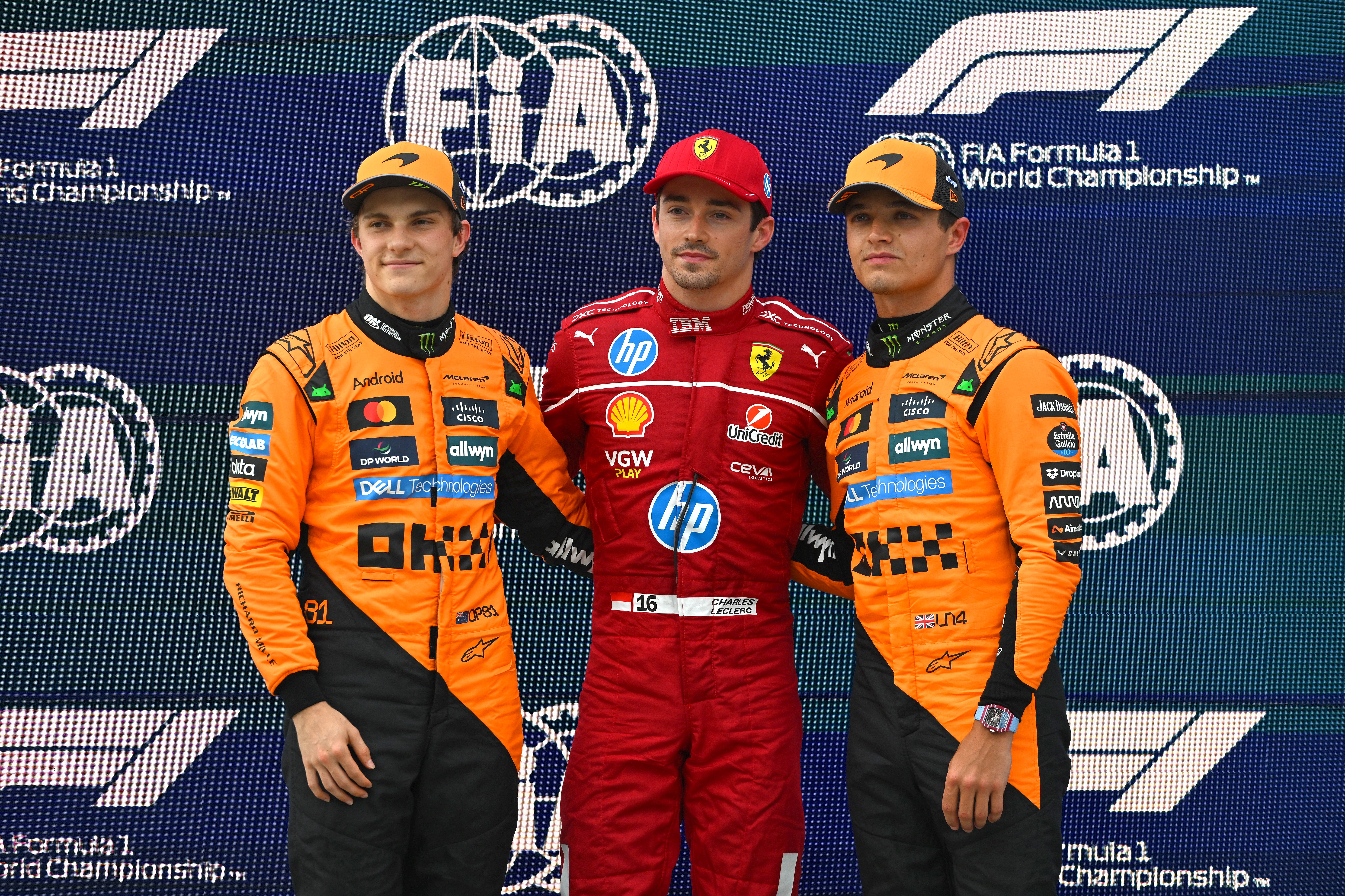 Leclerc beat Oscar Piastri (left) and Lando Norris to top spot