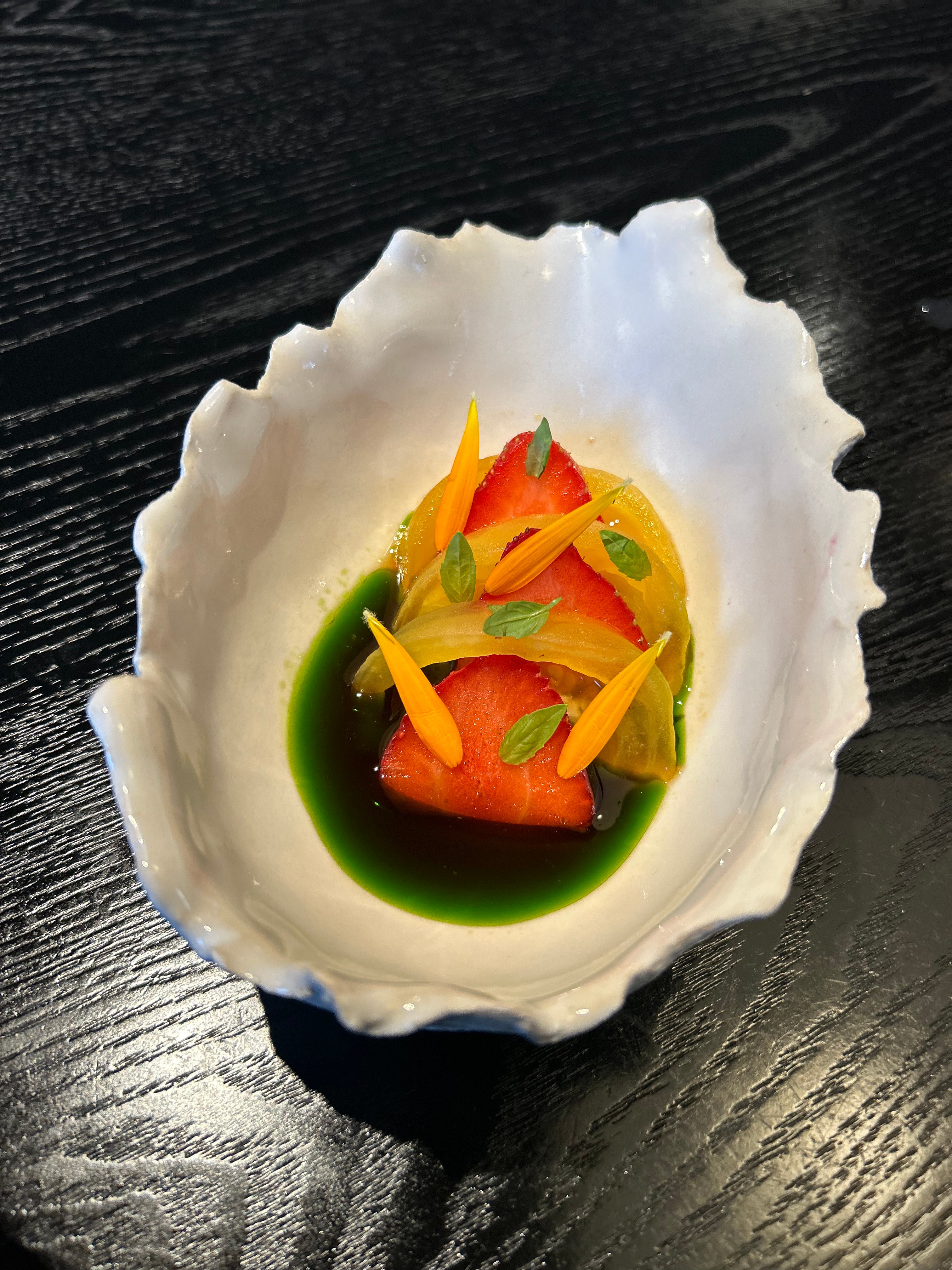 Tomato, basil and strawberry dish at Cardinal