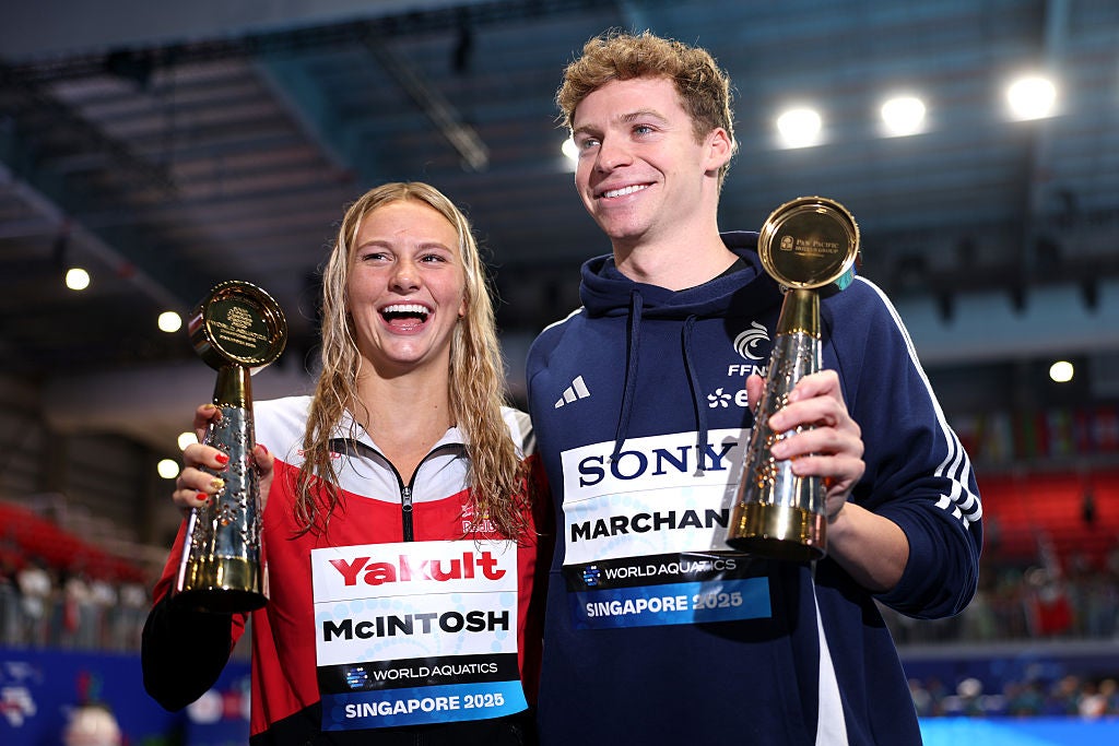 <p>Summer McIntosh and Leon Marchand won awards as the best female and male swimmers of the championships</p>