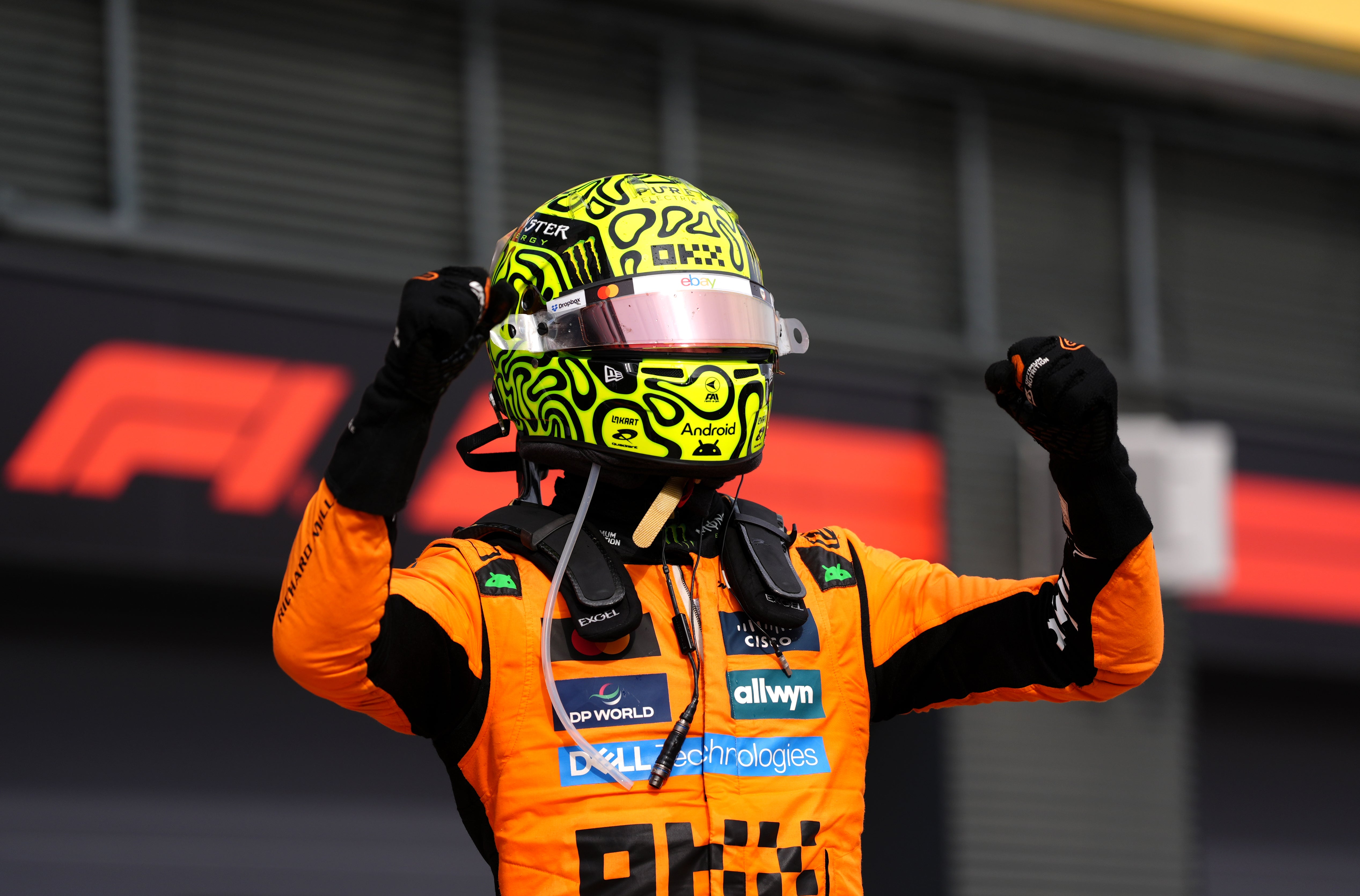 Norris celebrates his win, cutting the deficit to nine points