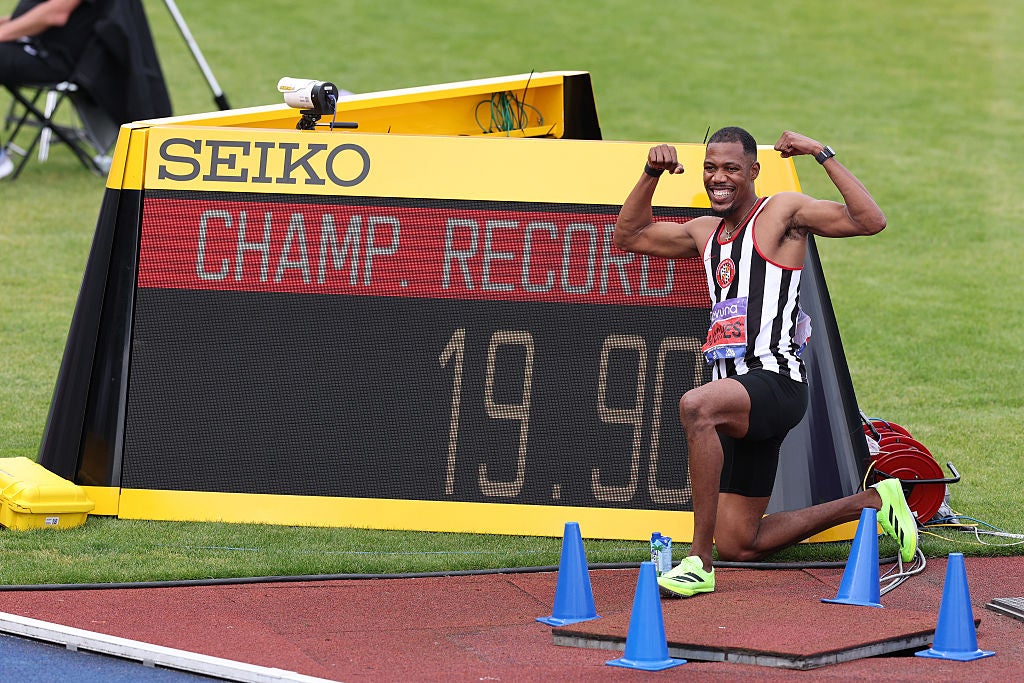 Zharnel Hughes set a new championship record en route to winning the 200m title
