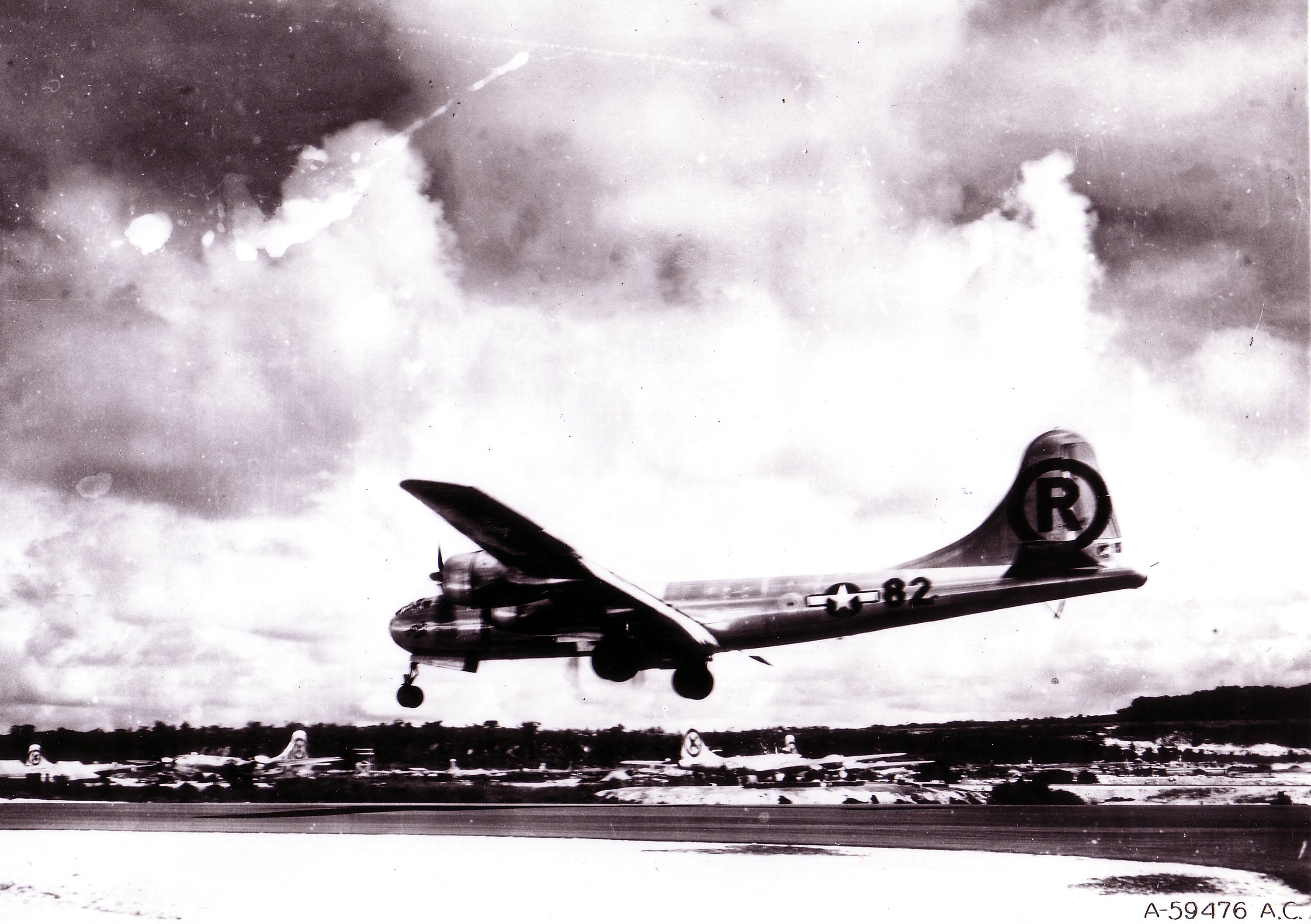 This photo obtained from the US Air Force shows the B-29 bomber "Enola Gay," with Col. Paul W. Tibbets piloting, landing on an airstrip on Tinian in the Mariana Islands August 6, 1945, after dropping an atomic bomb on Hiroshima