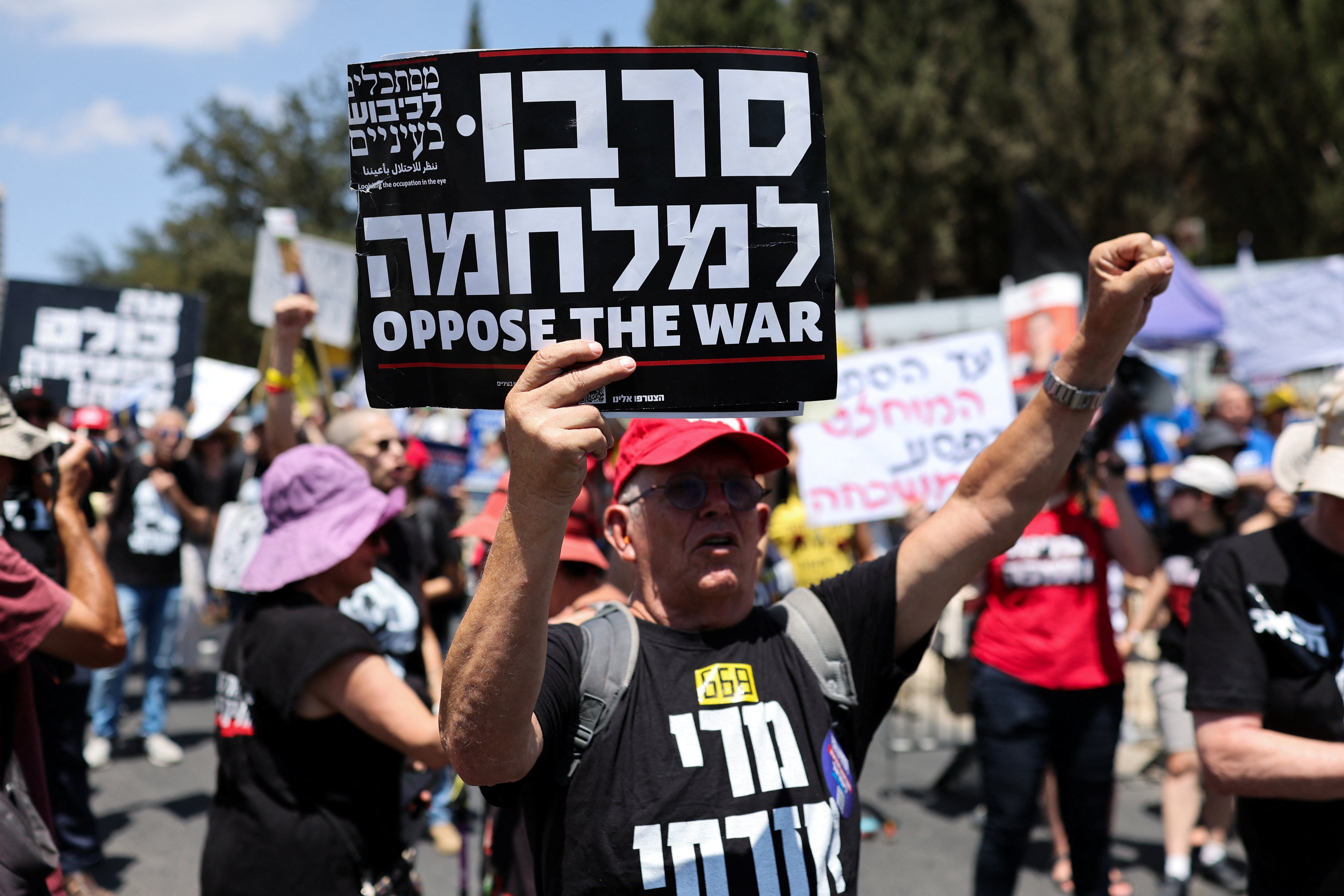 Protestors demand the end of the war in Gaza and release of all hostages, outside Israeli Prime Minister Benjamin Netanyahu's office in Jerusalem
