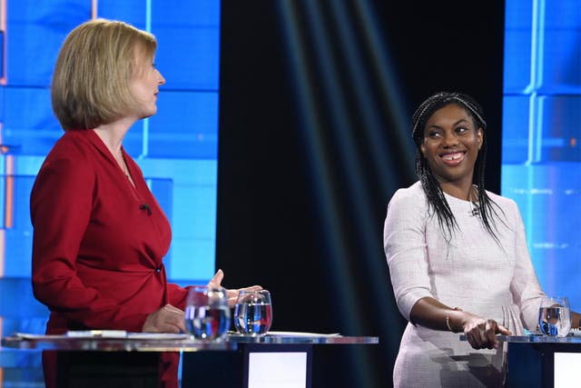 <p>Liz Truss and Kemi Badenoch during ‘Britain’s Next Prime Minister: The ITV Debate’ in July 2022</p>
