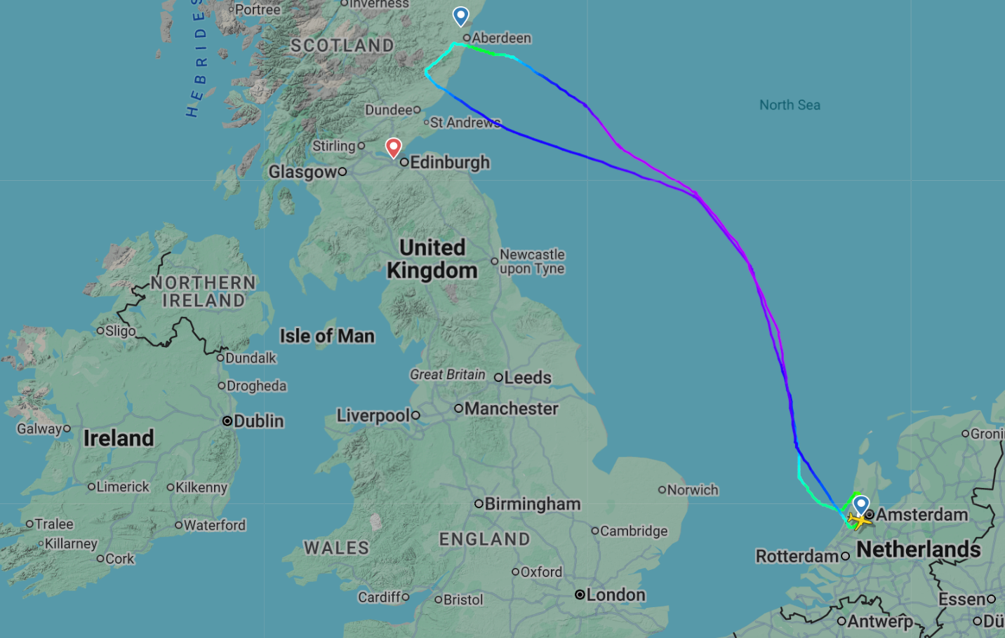 No way: Flightpath of KLM departure from Amsterdam to Aberdeen, which was unable to land in Scotland and returned to the Dutch hub
