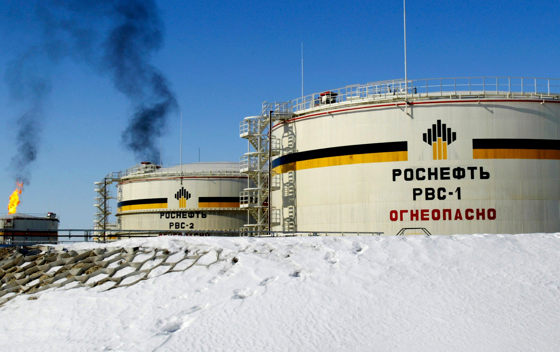 A facility belonging to the Russian state-controlled oil giant OAO Rosneft, at Priobskoye oil field near Nefteyugansk, western Siberia. The state-owned company is one of two sanctioned by Trump