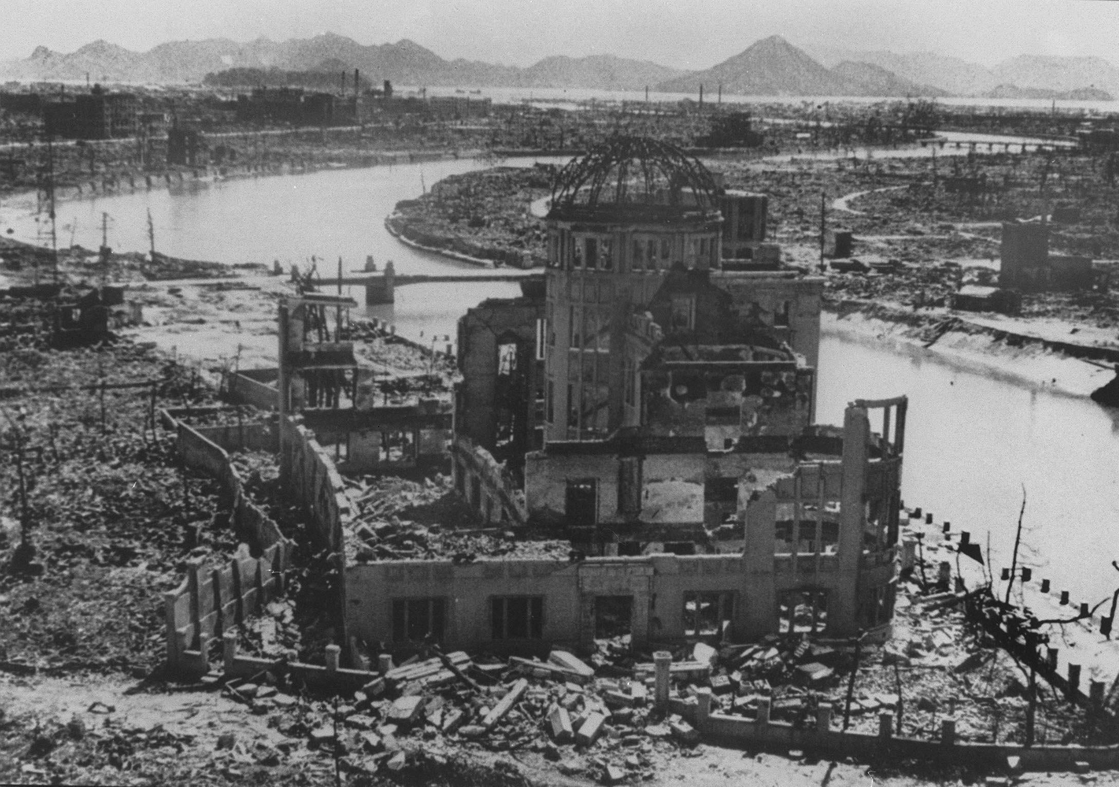 A photo, dated September 1945, of the remains of the Prefectural Industry Promotion Building after the bombing of Hiroshima, which was preserved as a monument, now known as the Atomic Bomb Dome