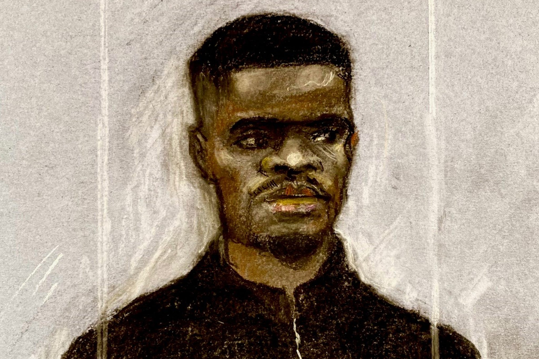 Court artist drawing by Elizabeth Cook of former Arsenal footballer Thomas Partey at London's Westminster Magistrates' Court where he is accused of rape