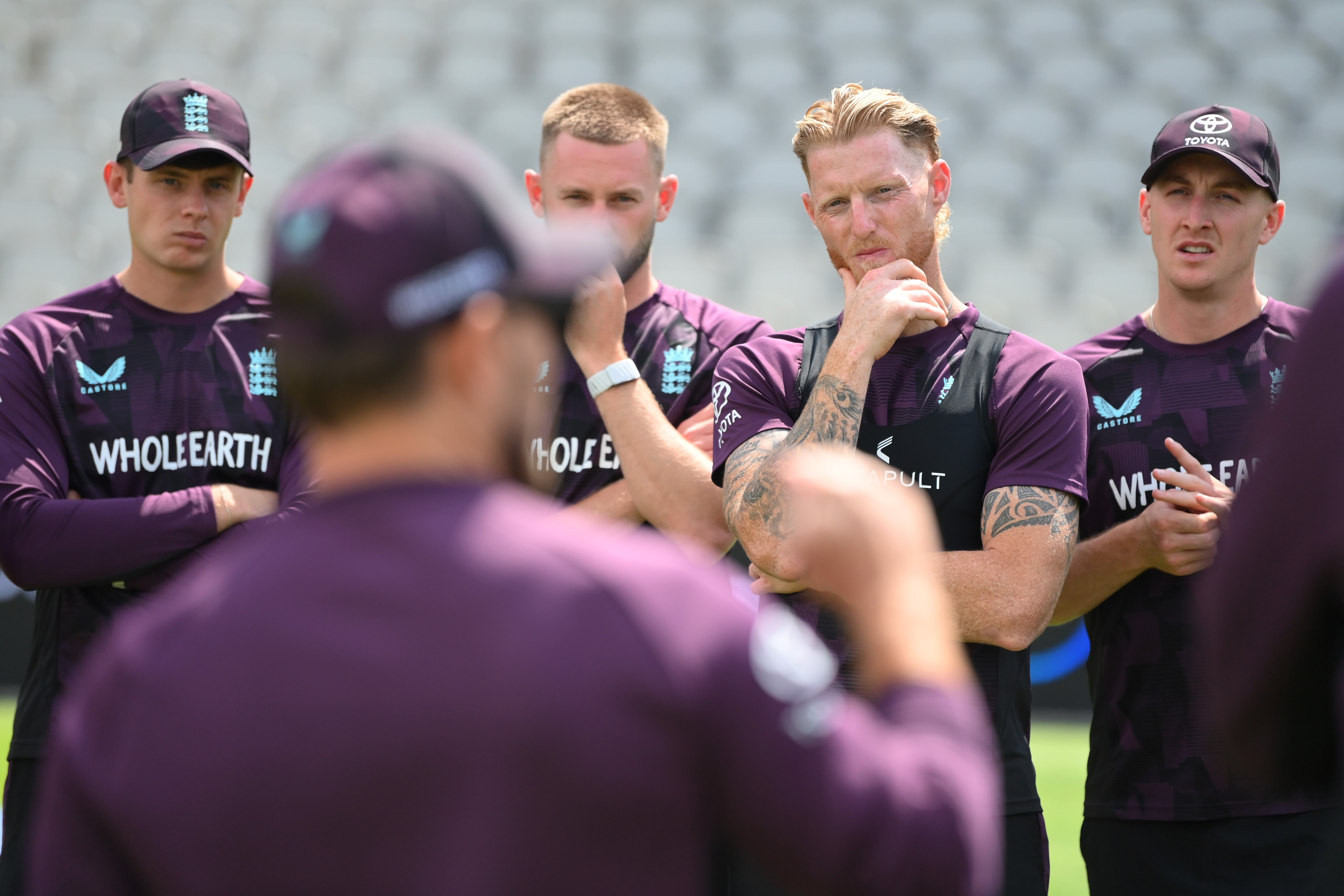 England’s players listen as Brendon McCullum speaks at Old Trafford