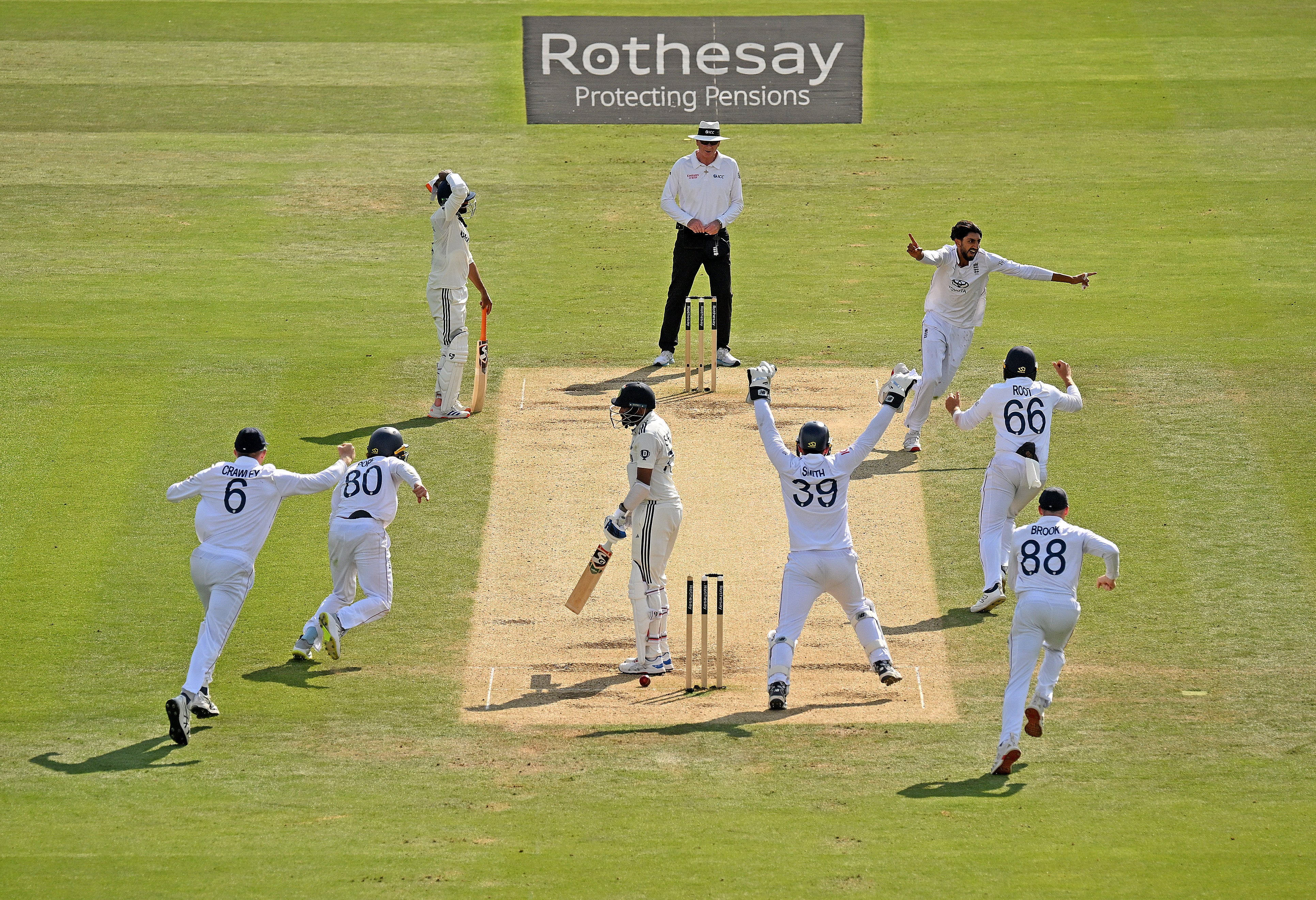 Shoaib Bashir, top right, celebrates dismissing Mohammed Siraj on day five at Lord’s