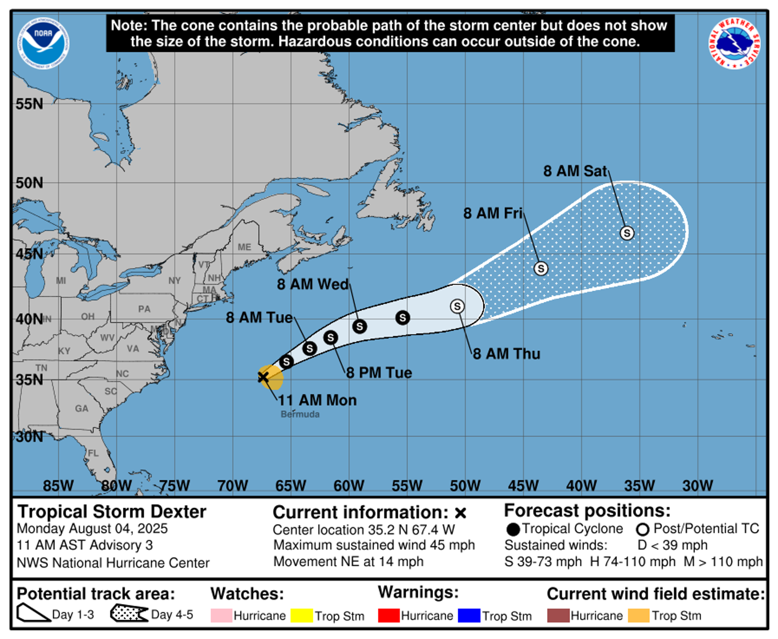 Dexter is moving to the northeast in the Atlantic Ocean and is expected to pass north of Bermuda