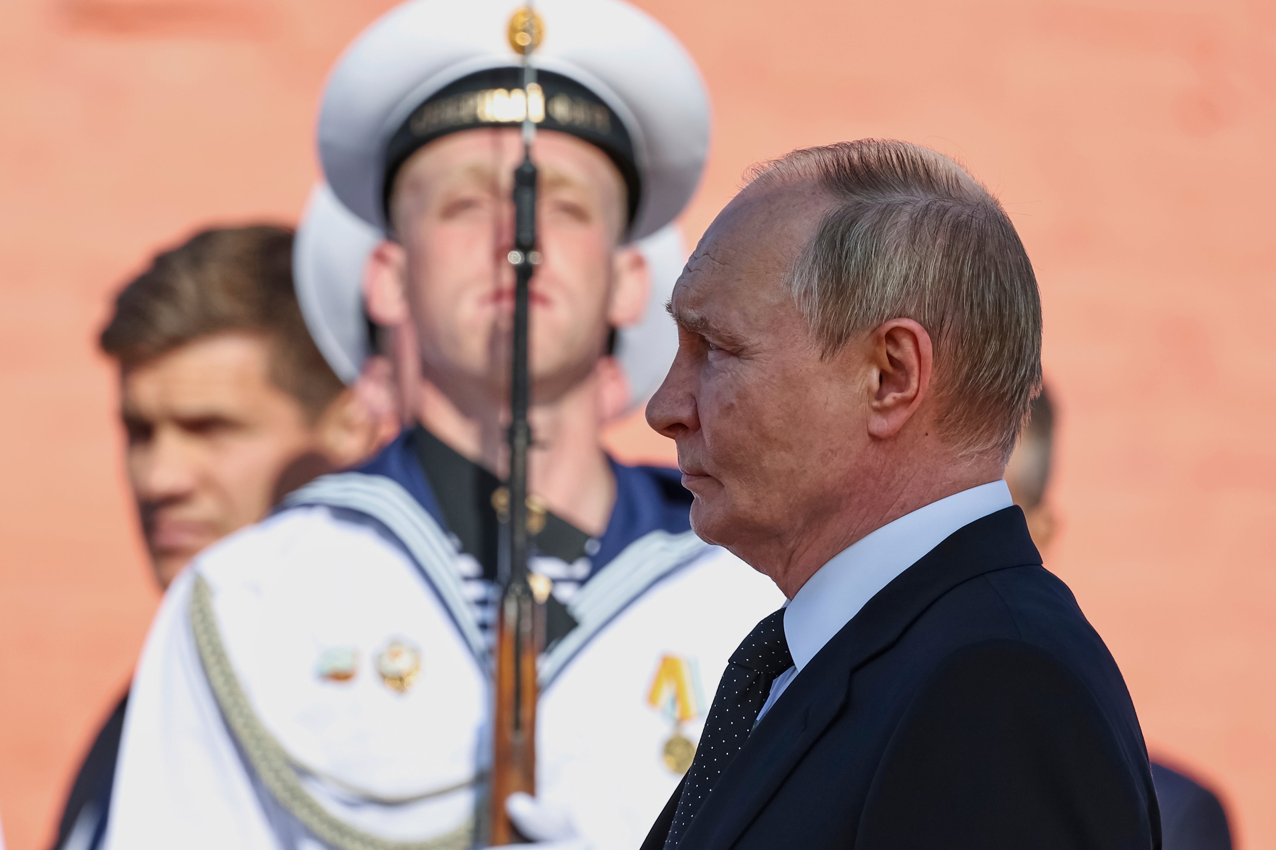 Russian President Vladimir Putin arrives to attend a flag raising ceremony of the Knyaz Pozharsky nuclear-powered Borei-A class submarine in Severodvinsk, Russia, Thursday, July 24, 2025. (Alexander Kazakov, Sputnik, Kremlin Pool Photo via AP)