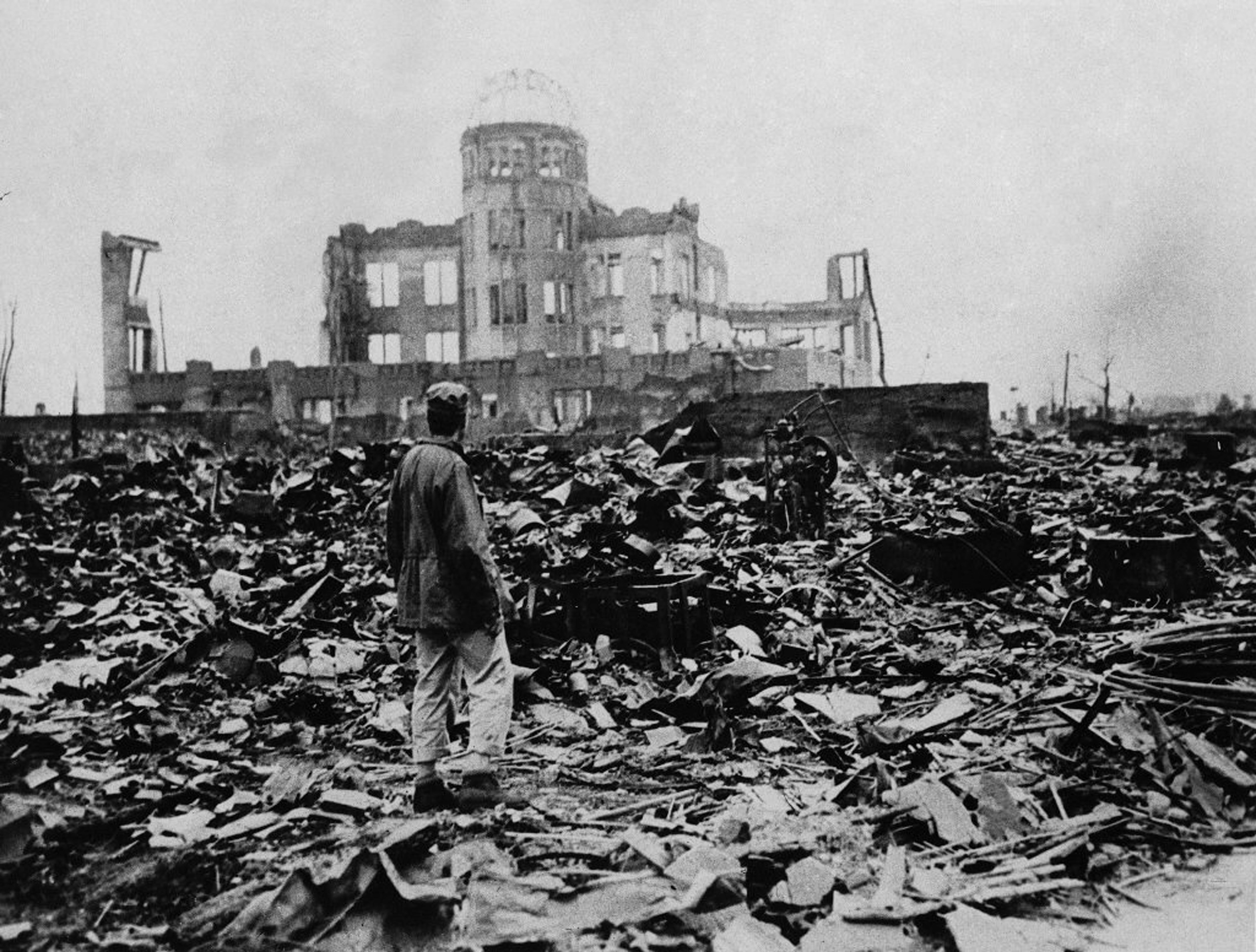 <p>An exhibition hall, which is now the Atomic Bomb Dome memorial, pictured shortly after the explosion in August 1945</p>