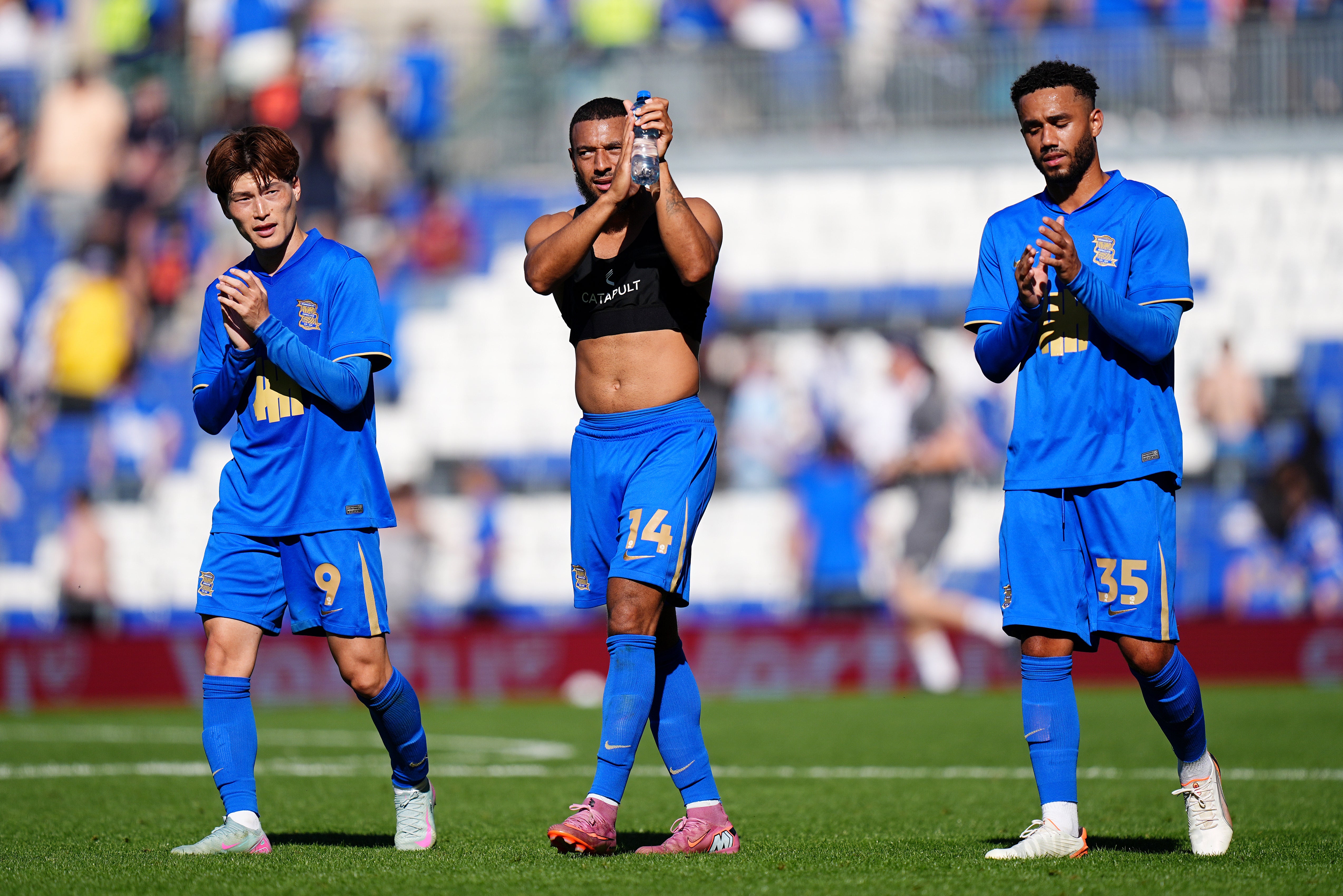 Birmingham’s Keshi Anderson (centre), Kyogo Furuhashi (left) and George Hall after a pre-season friendly