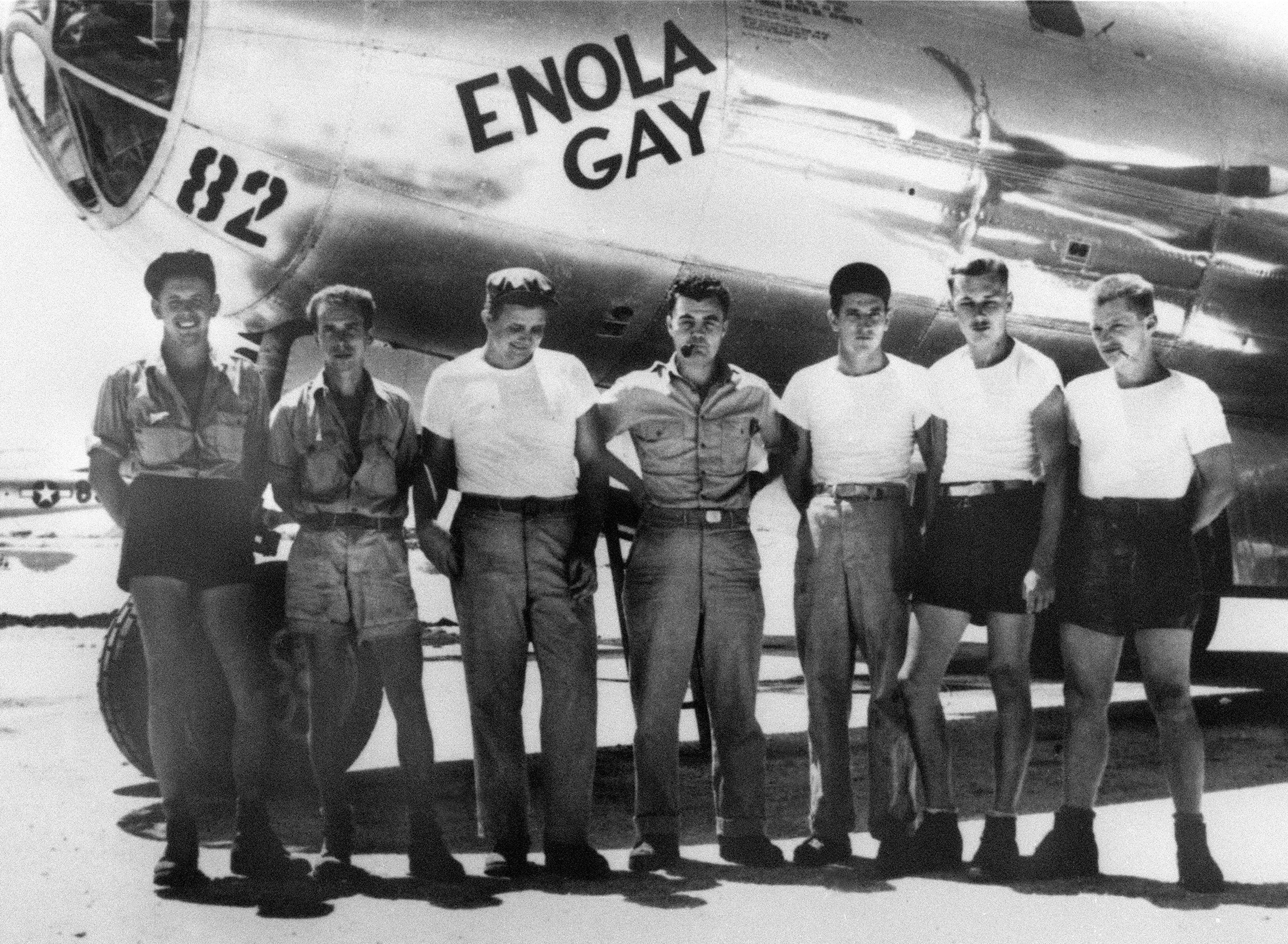 This photo obtained from the US Air Force dated August 1945 shows the crew of the B-29 bomber "Enola Gay" including pilot Paul W. Tibbets (C), who named the aircraft after his mother, which dropped the atomic bomb on Hiroshima during World War II.