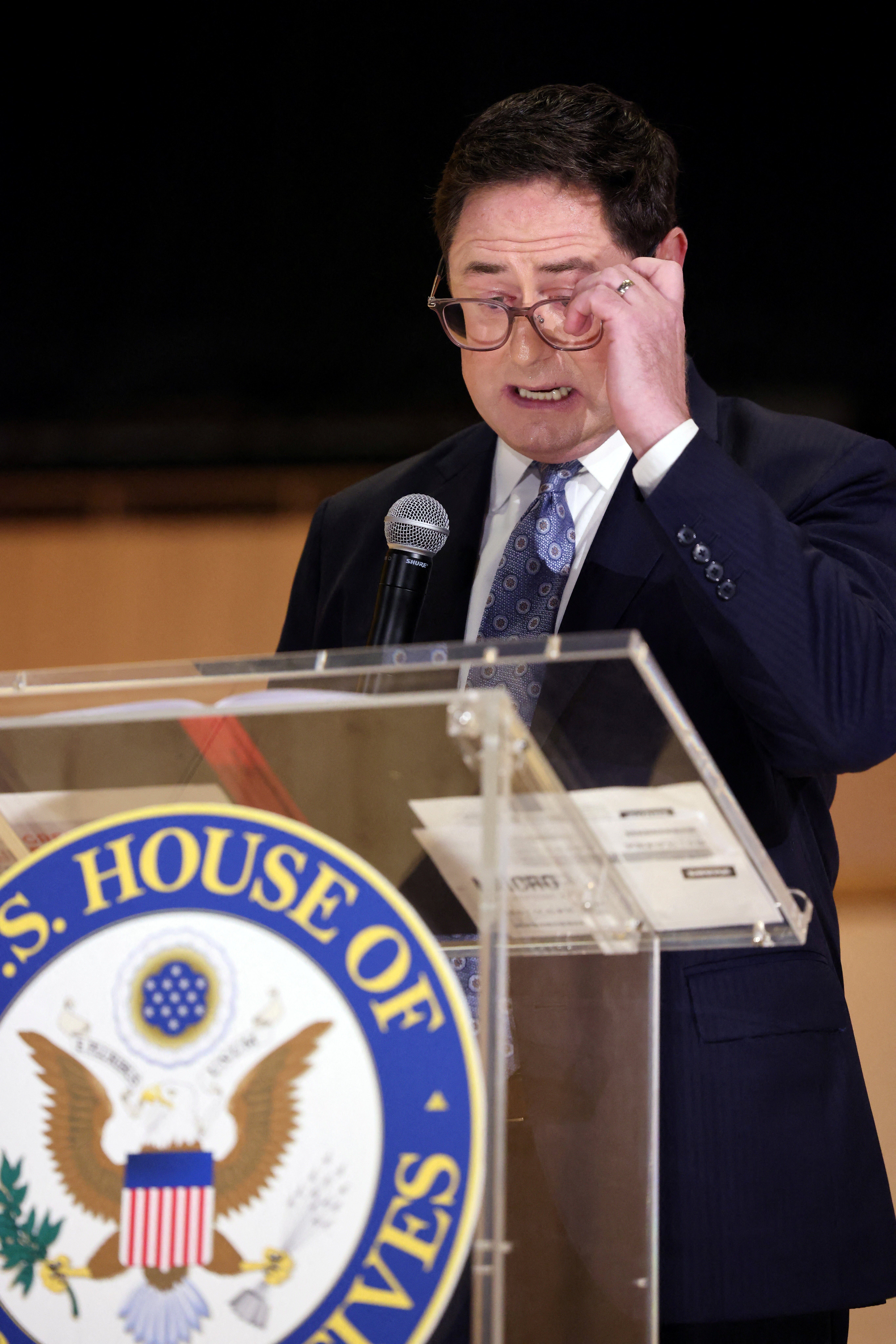 U.S. Representative Mike Flood talks to constituents during a town hall in Lincoln, Nebraska, on August 4 2025