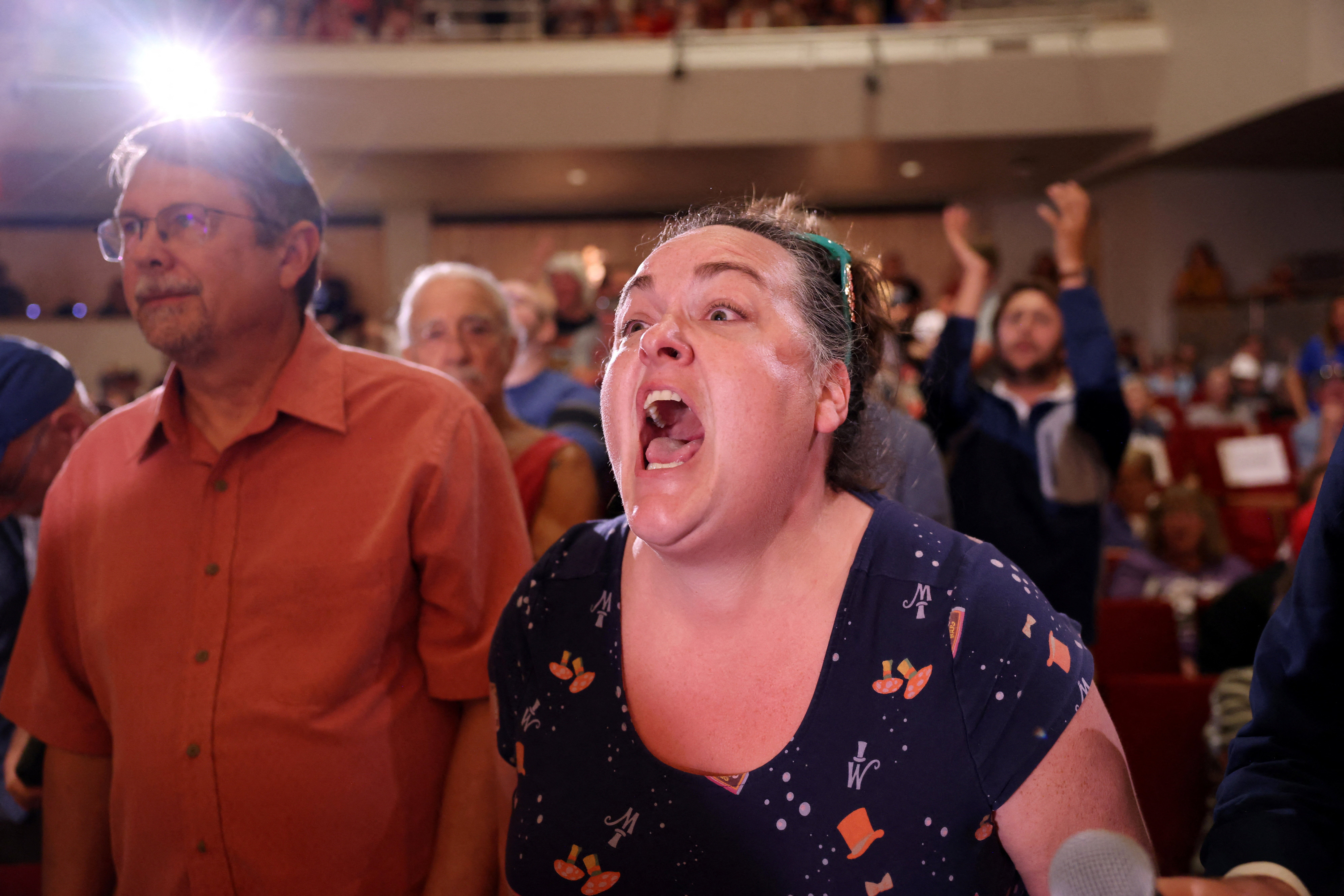 An angry member of the public shouts at Flood during his Lincoln town hall on Monday evening