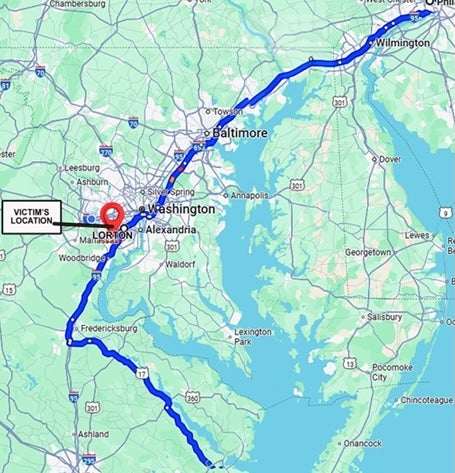 Police believe this is the route Bryant's mother, Vera, and her boyfriend, James Hedgepeth, drove when traveling to Virginia in 1972