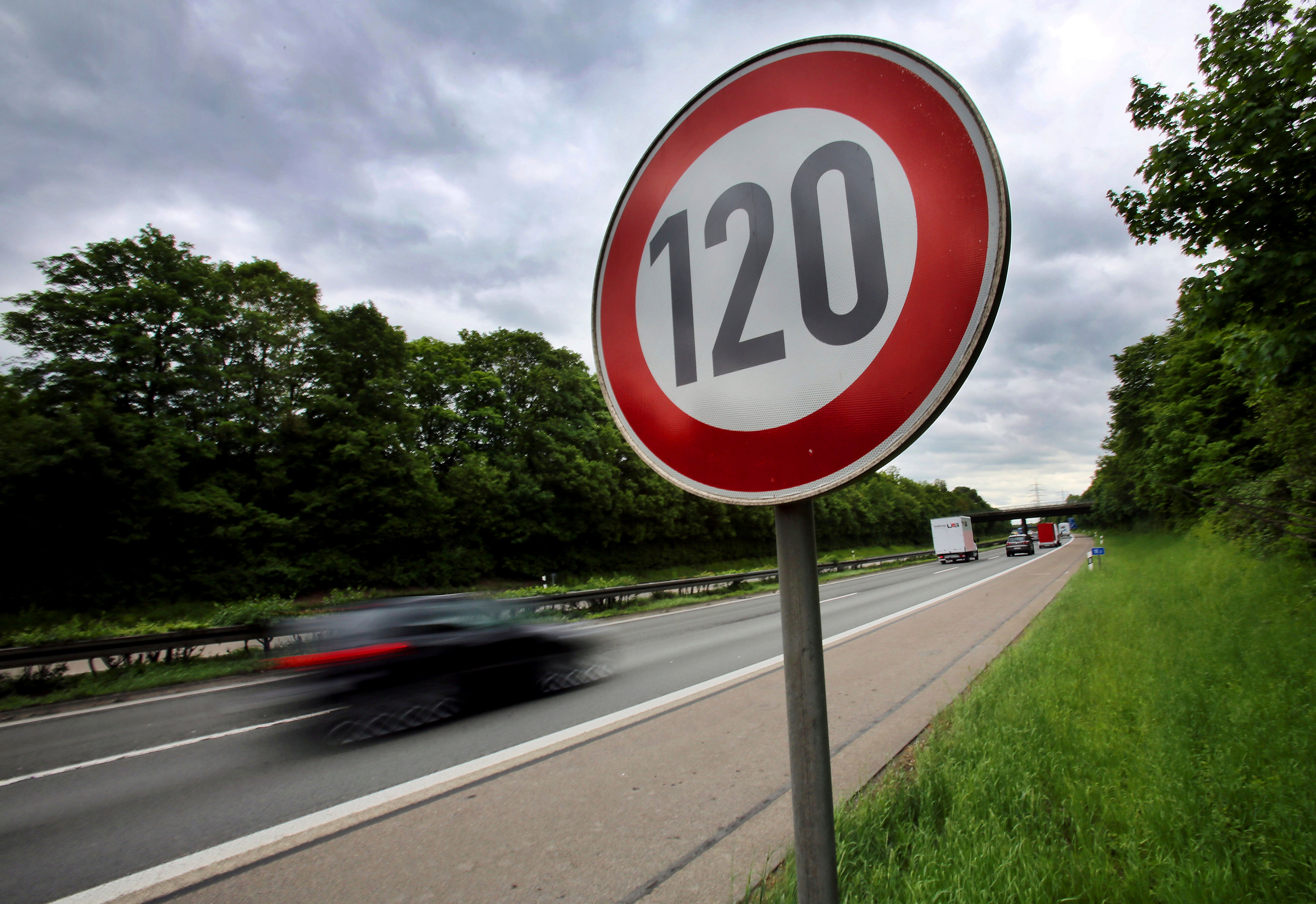 In this May 15, 2013 file photo a traffic sign indicating a speed limit of 120 km/h (75 mph) is pictured at the highway A59 close to Troisdorf, Germany