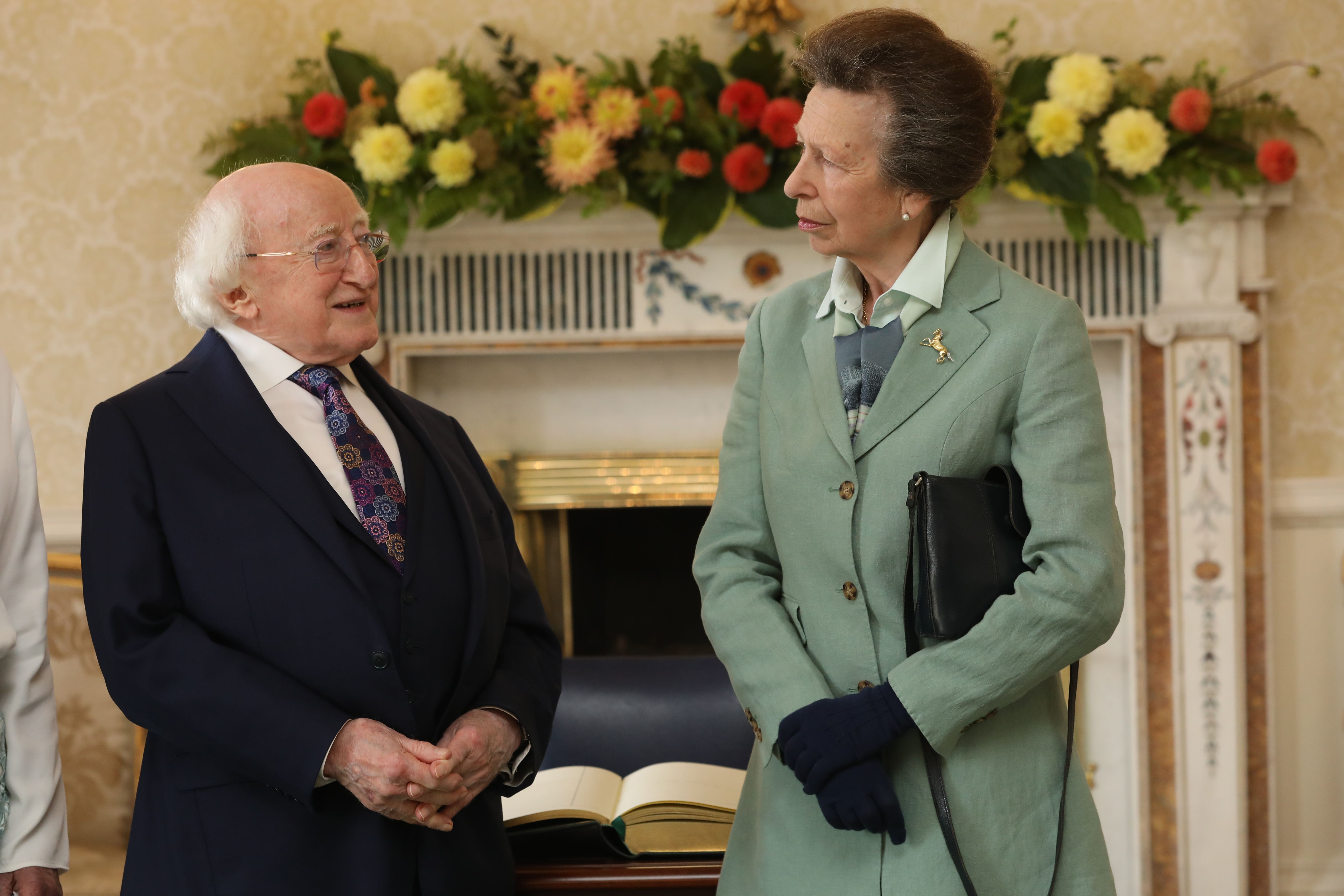 President of Ireland Michael D Higgins talks to the Princess Royal at Aras an Uachtarain (PA)