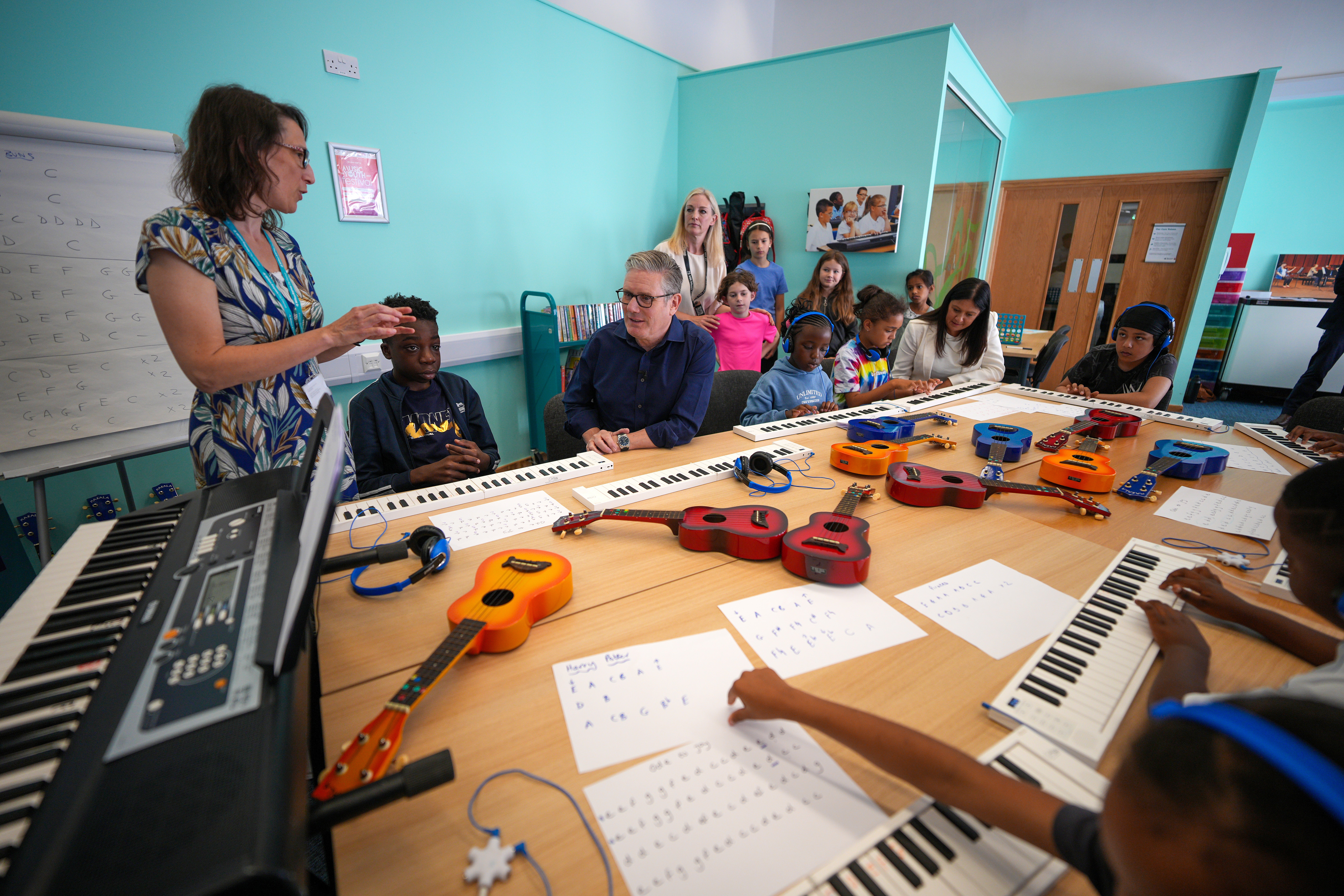Sir Keir Starmer sitting round a table with school children