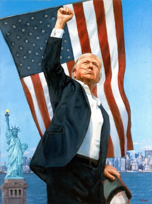 Nikas Safronov’s portrait of Donald Trump, commissioned as a gift to the US president by Russian president Vladimir Putin earlier this year