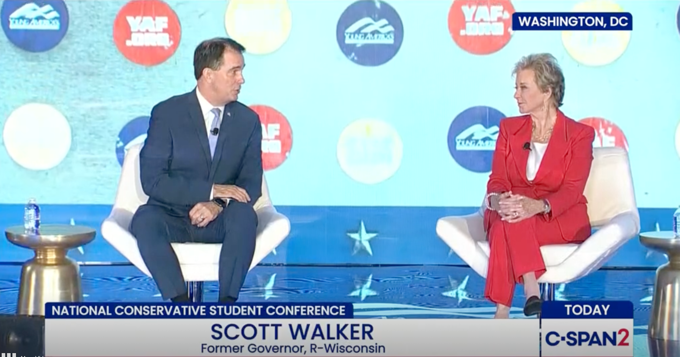 Secretary of Education Linda McMahon was interrupted multiple times, including by clown music, while she spoke at the Young America's Foundation's annual Conservative Student Conference to former Wisconsin Governor Scott Walker on Wednesday