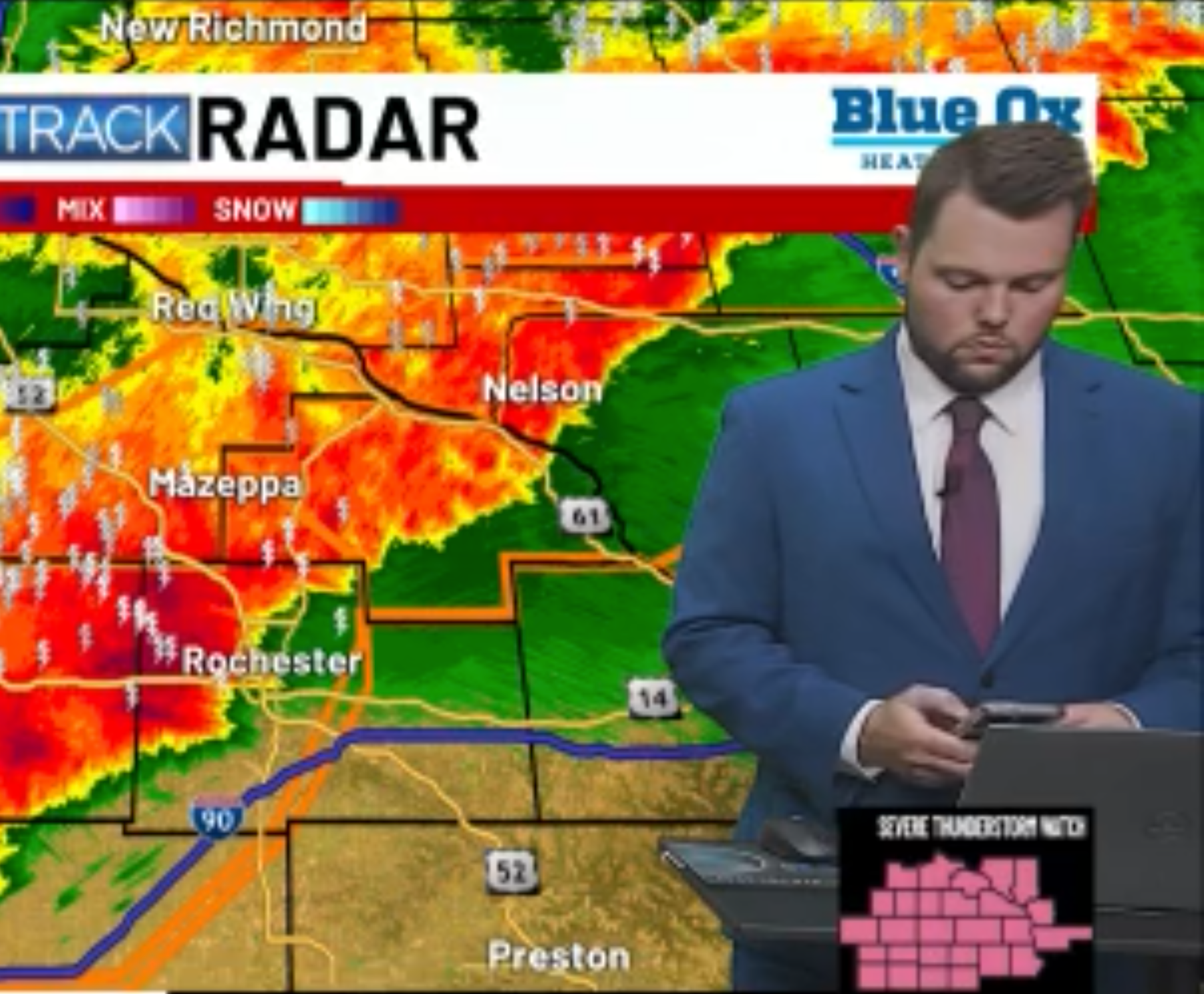 KTTC meteorologist Nick Jansen texts his wife to ensure she and their daughter are safe as severe weather pummels Minnesota