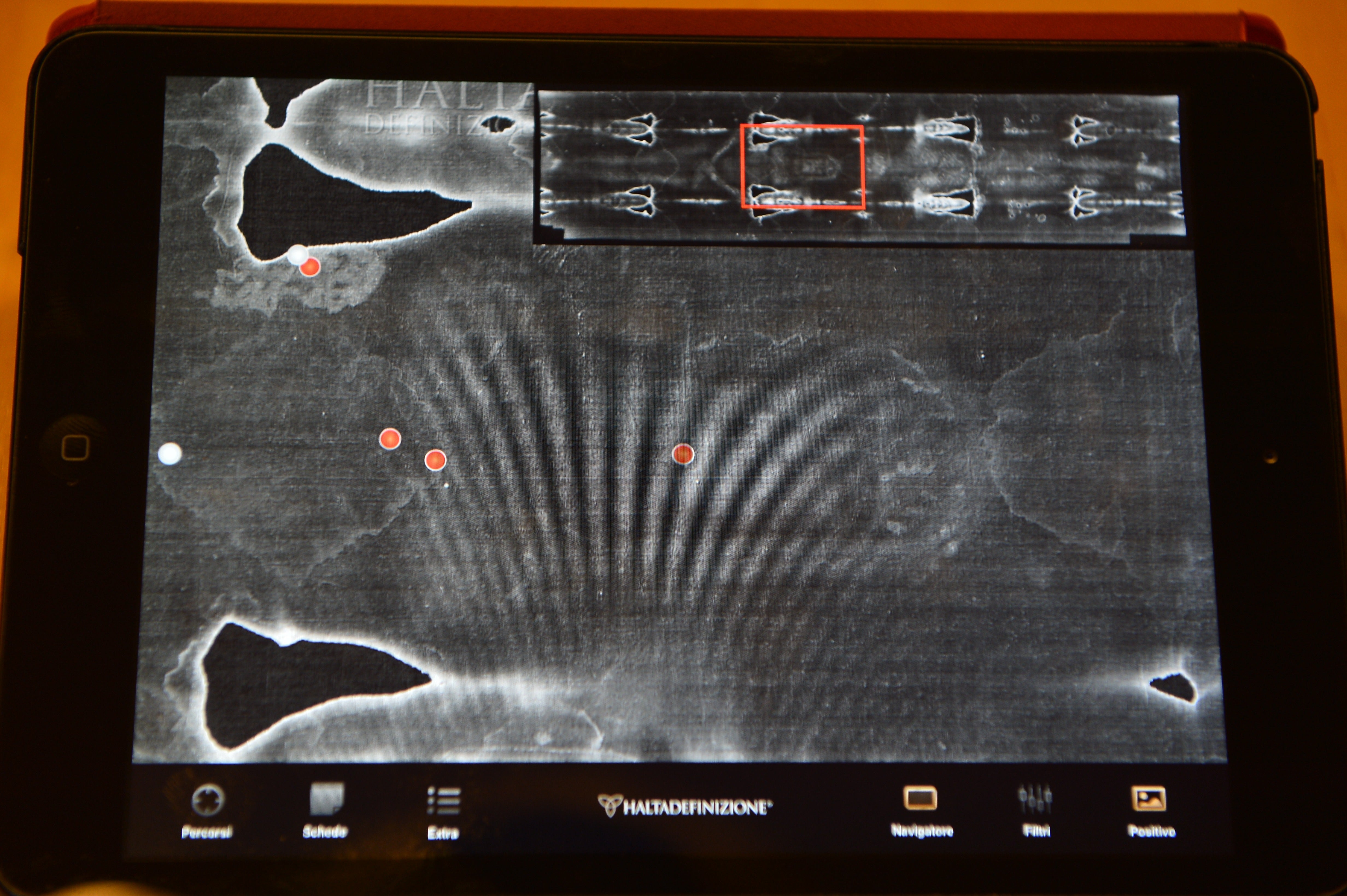 Tablet screen displaying a picture of the Shroud of Turin