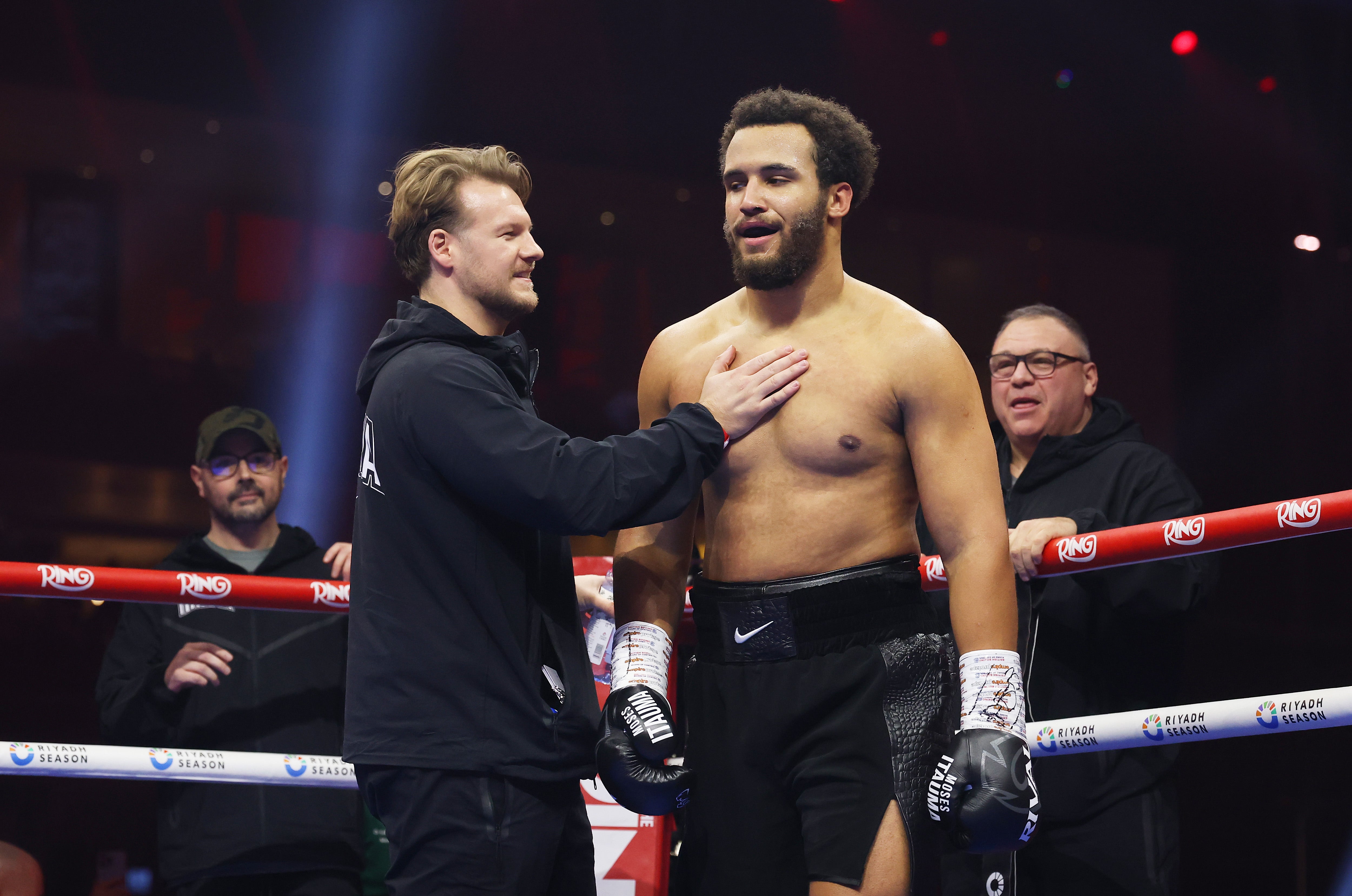 Moses Itauma with coach Ben Davison ahead of their win over Demsey McKean