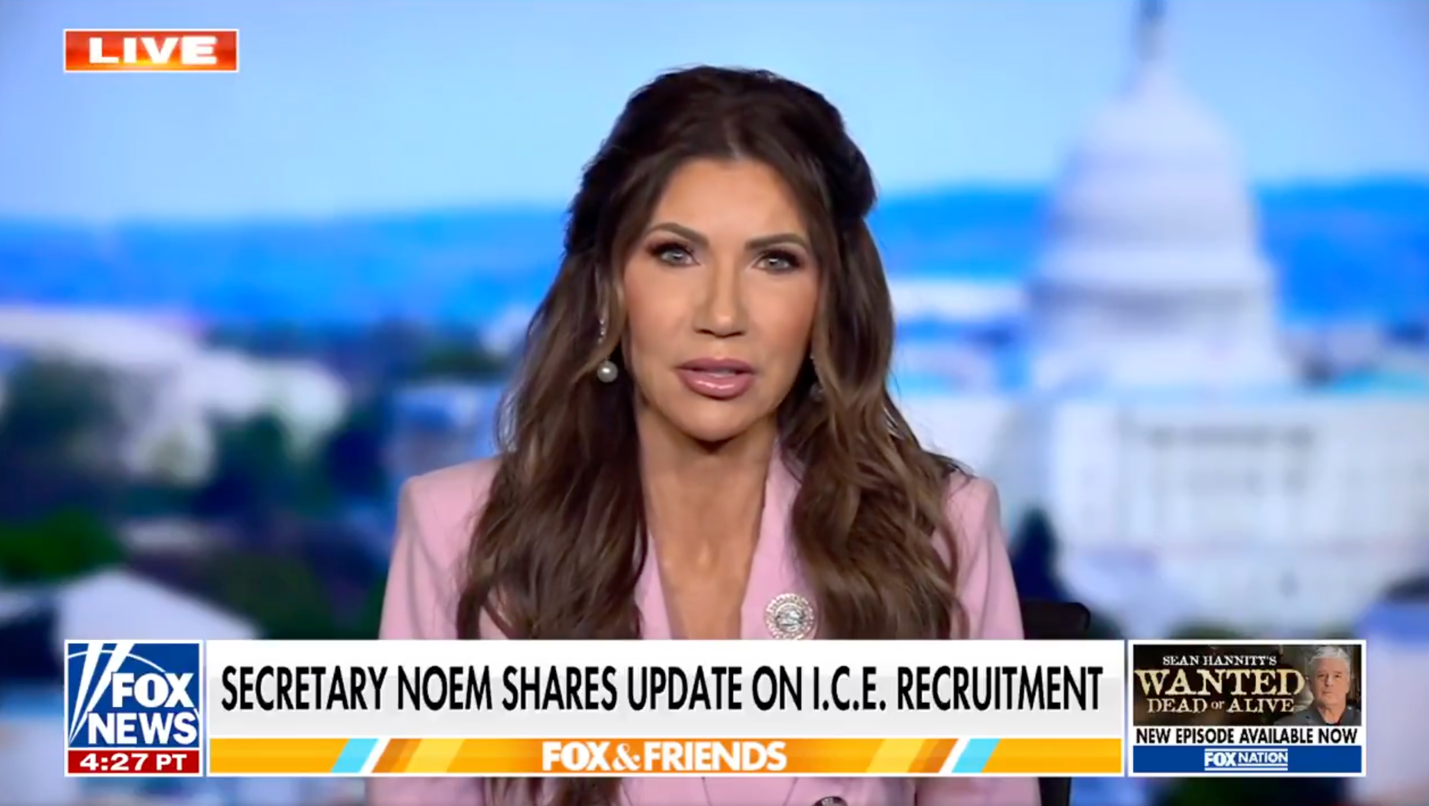 Homeland Security Secretary Kristi Noem discusses ICE's recruitment drive on Fox and Friends on Wednesday August 6 2025