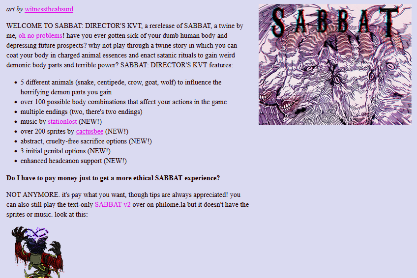 The Itch.io store page of SABBAT by eva problems, a text adventure involving occult rituals