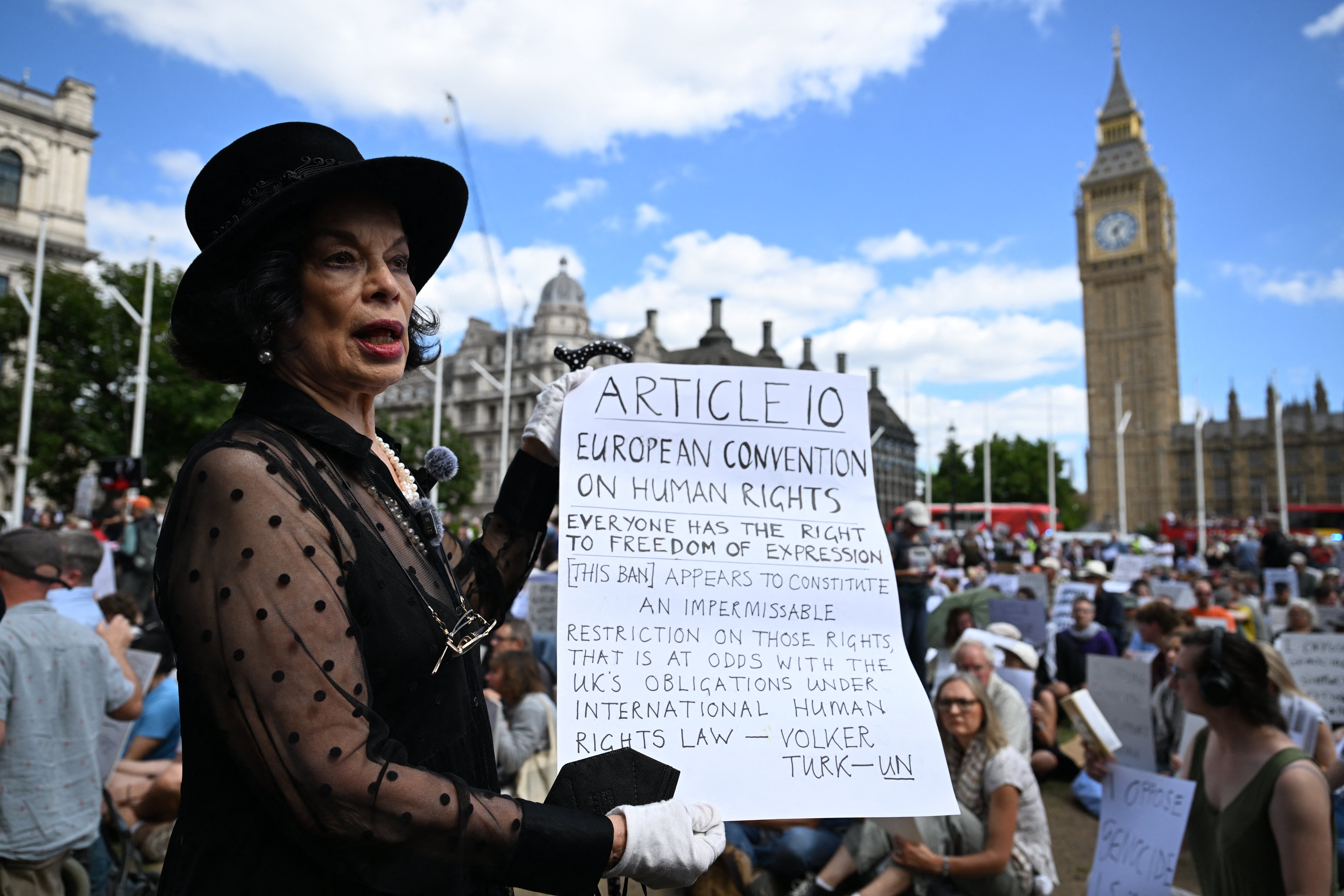 Bianca Jagger with her placard at the Palestine Action demonstration. It reads: ‘Everyone has the right to freedom of expression. This right shall include freedom to hold opinions and to receive and impart information and ideas without interference by public authority and regardless of frontiers’