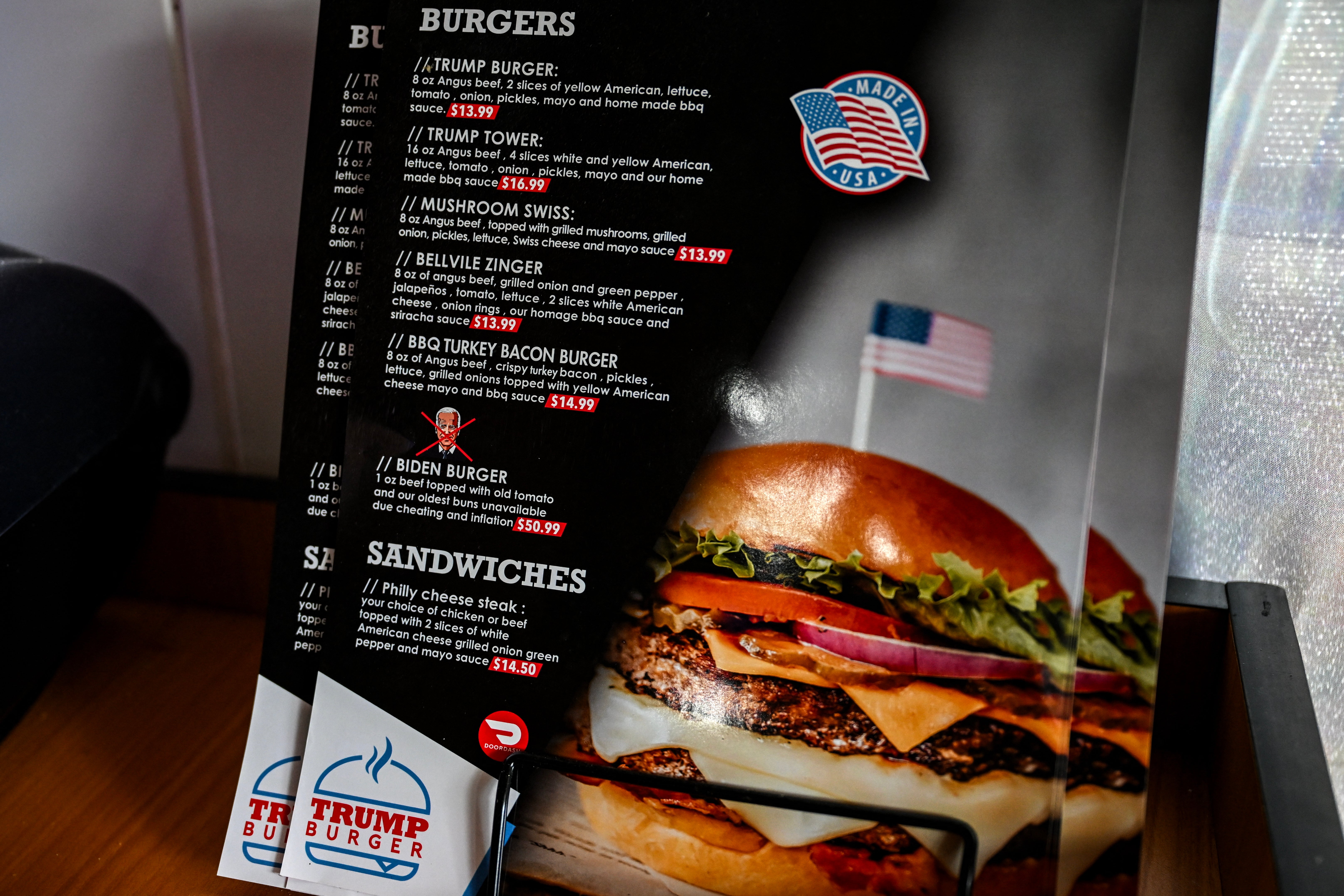 Trump Burger offers menu options including the Trump Tower burger and the Melania Crispy Chicken