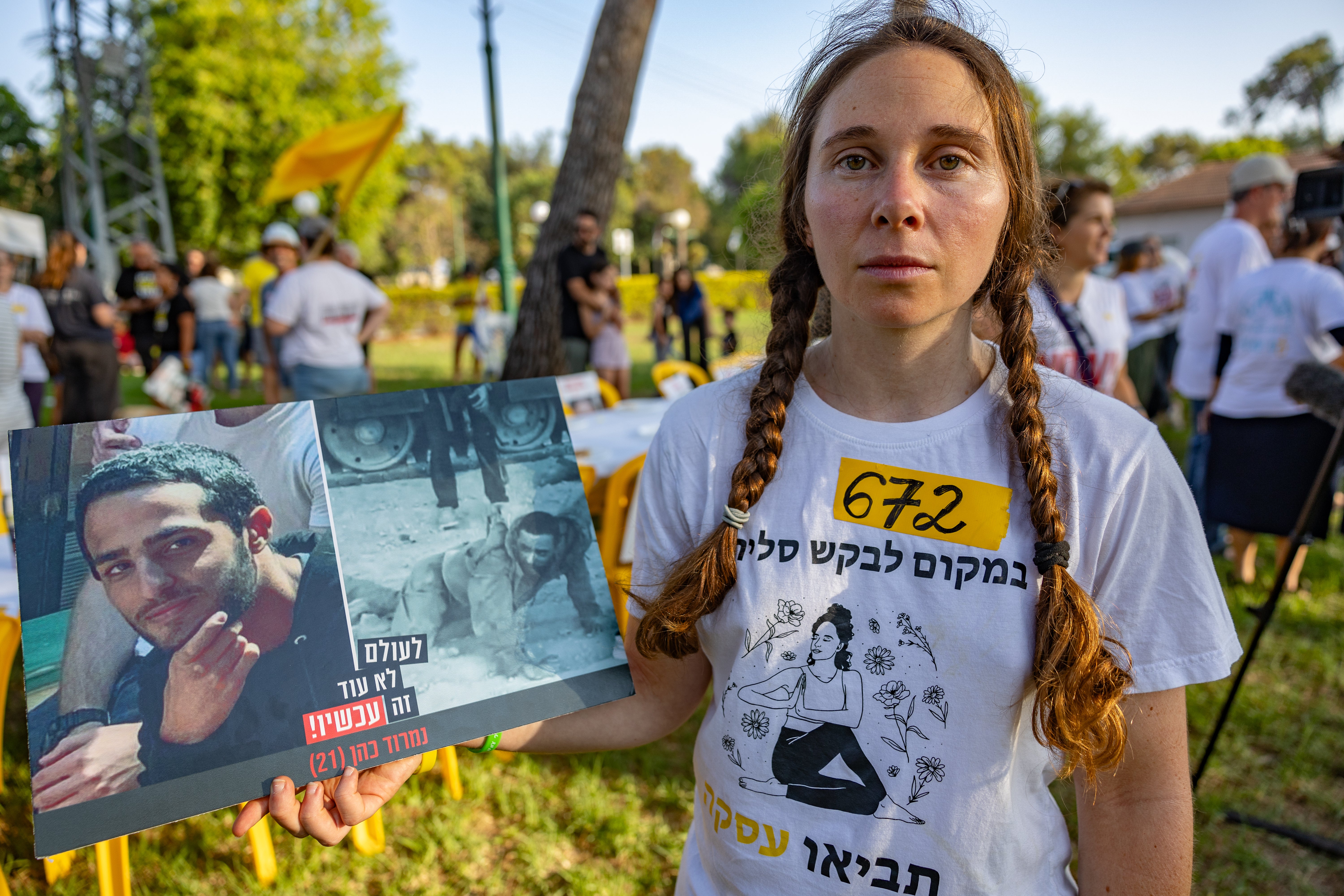 Shay Dickmann, whose hostage cousin Carmel Gat was killed by Hamas after a ceasefire collapsed, at a protest outside the Israeli defence minister’s home