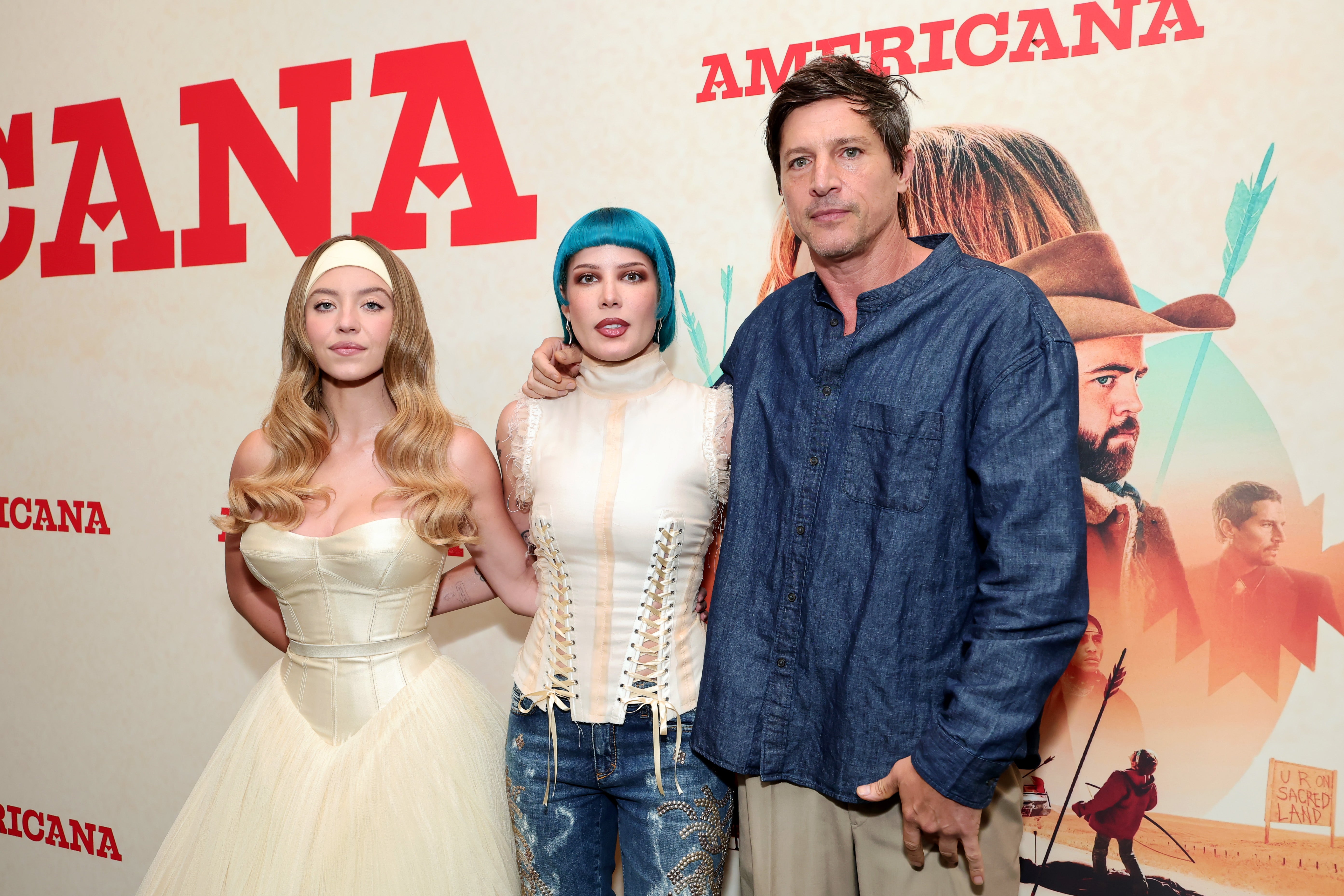 Simon Rex (right) with Sydney Sweeney (left) and Halsey at the premiere of 'Americana'