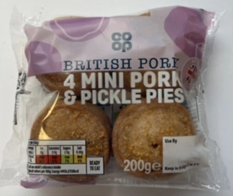 Several batches of the Co-op’s ‘4 Mini Pork & Pickle Pies’ (200g) have been recalled