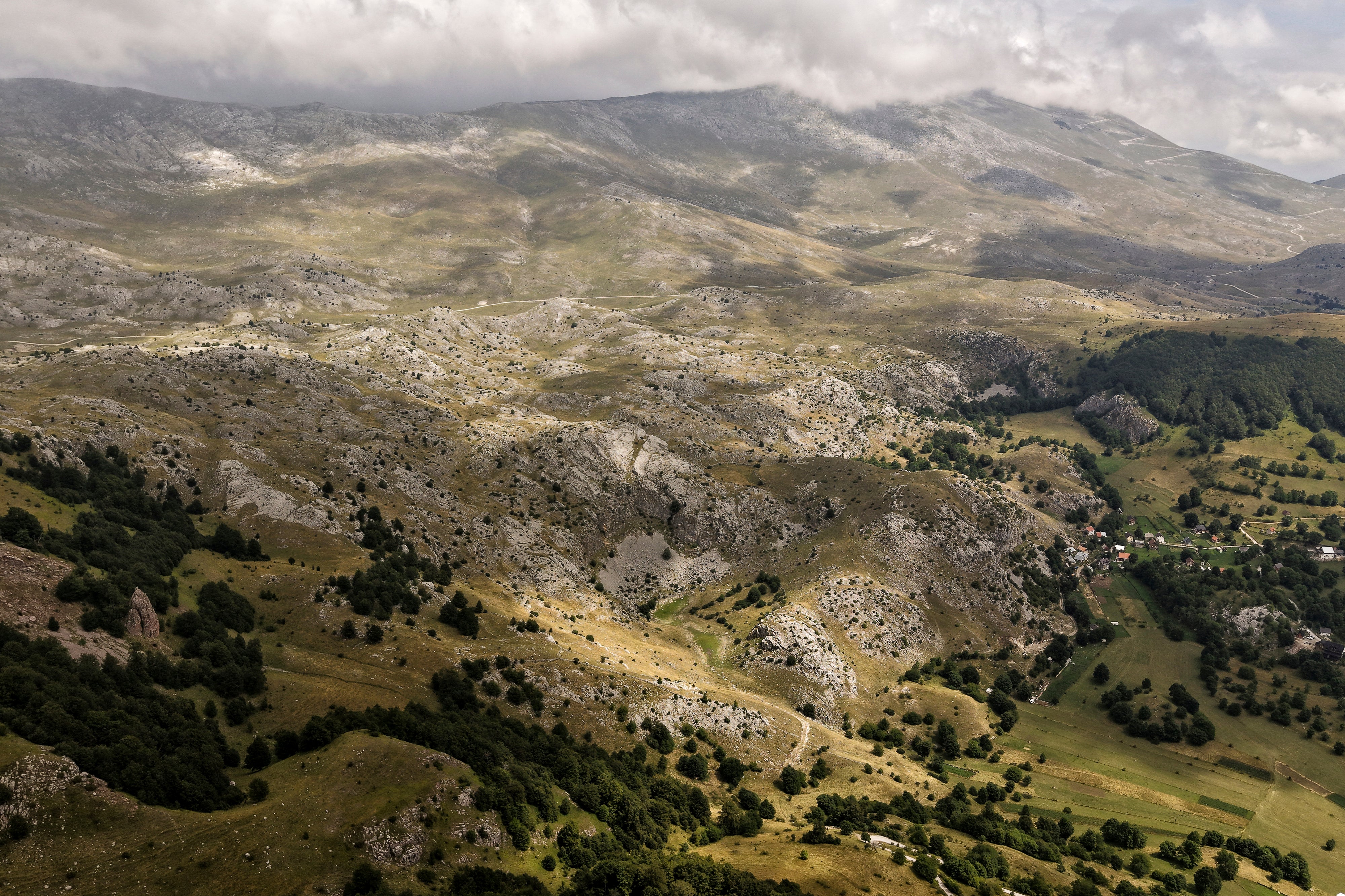 An aerial view of trail and hiking routes on Bjelasnica mountain near Sarajevo, Bosnia, Tuesday, Aug. 5, 2025. (AP Photo/Armin Durgut)