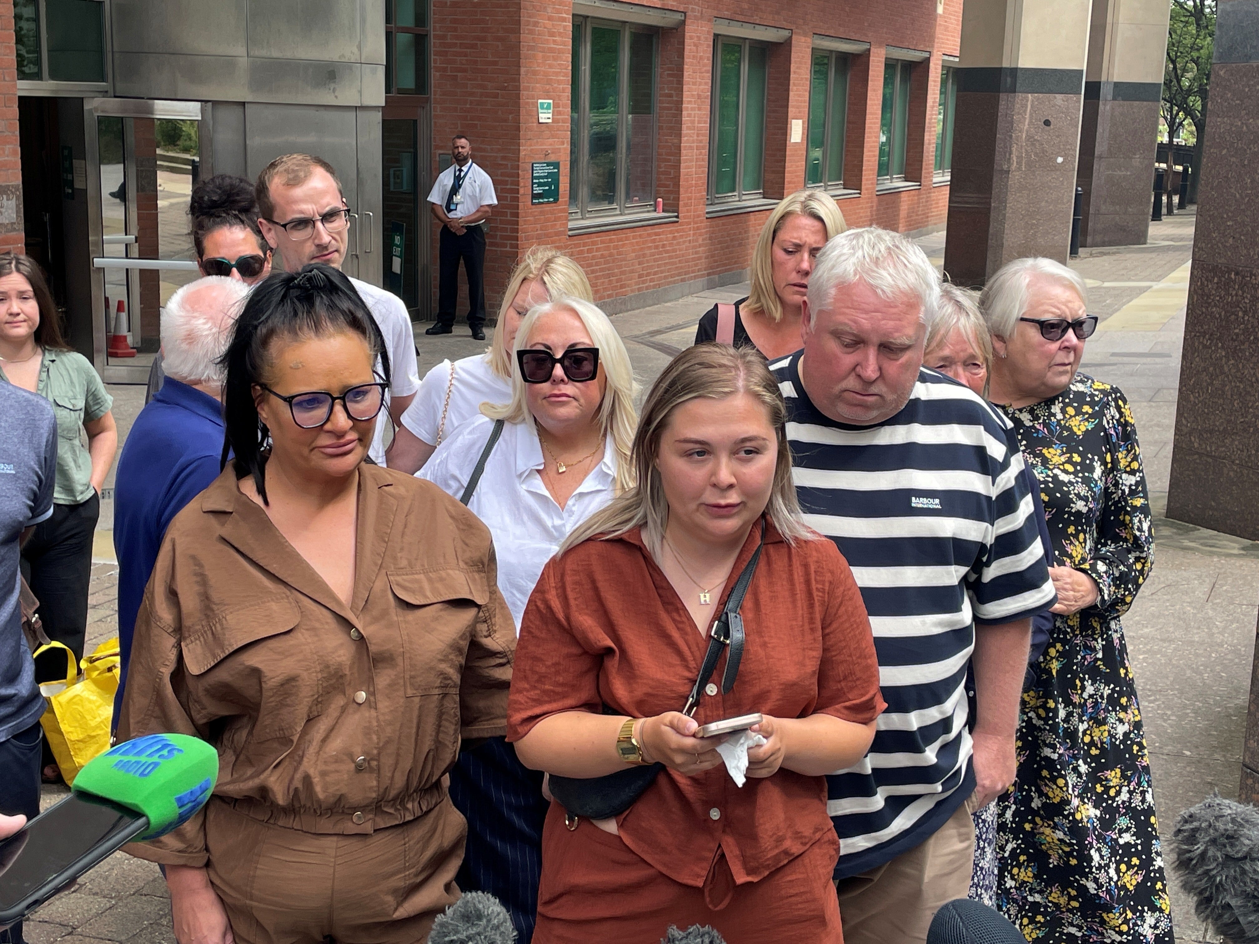 Harvey Willgoose’s sister Sophie Willgoose (centre) reads a statement with her parents Caroline (left) and Mark Willgoose outside Sheffield Crown Court