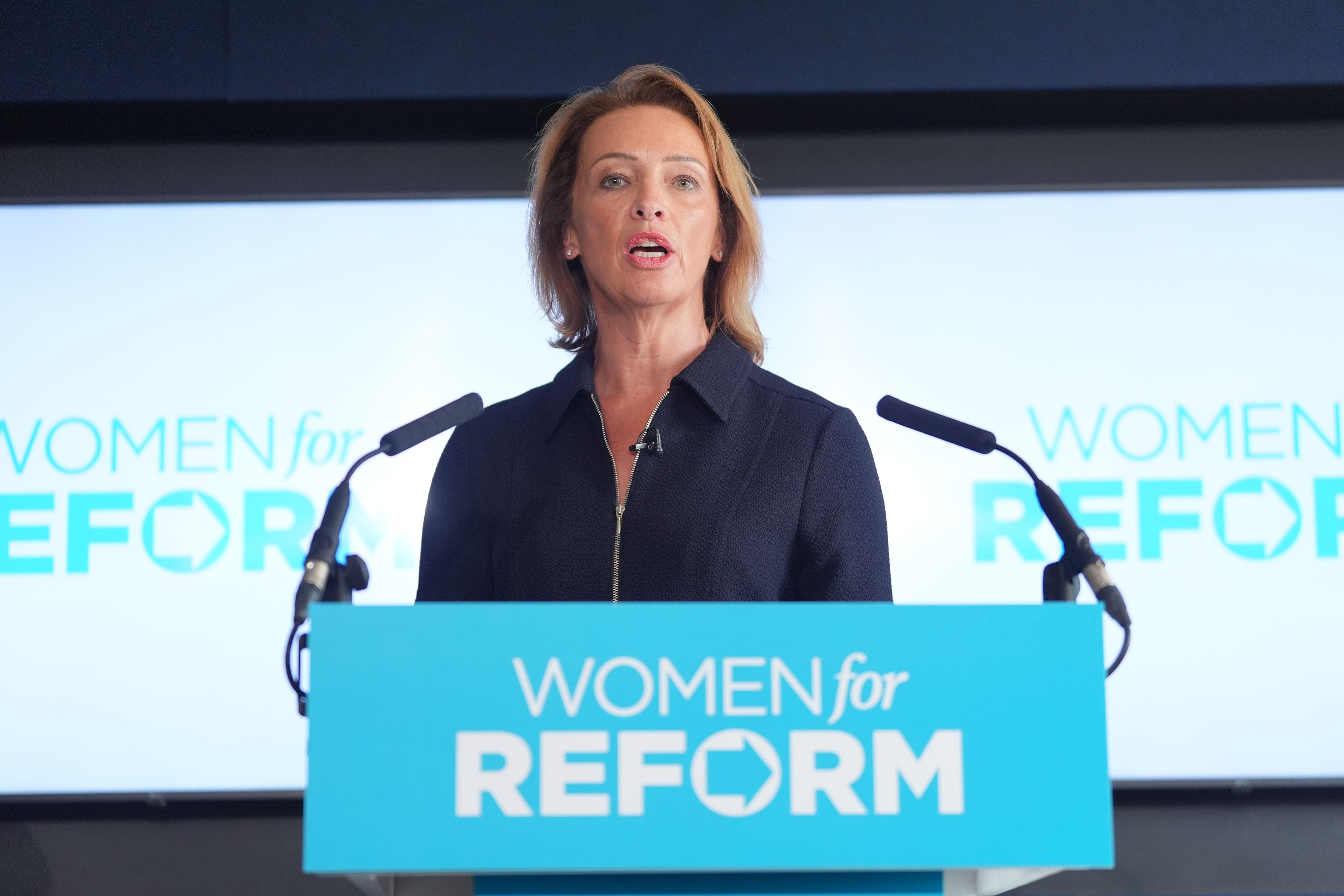 Sarah Pochin, MP for Runcorn and Helsby, speaks during a Reform UK press conference at Millbank Tower in central London (PA)