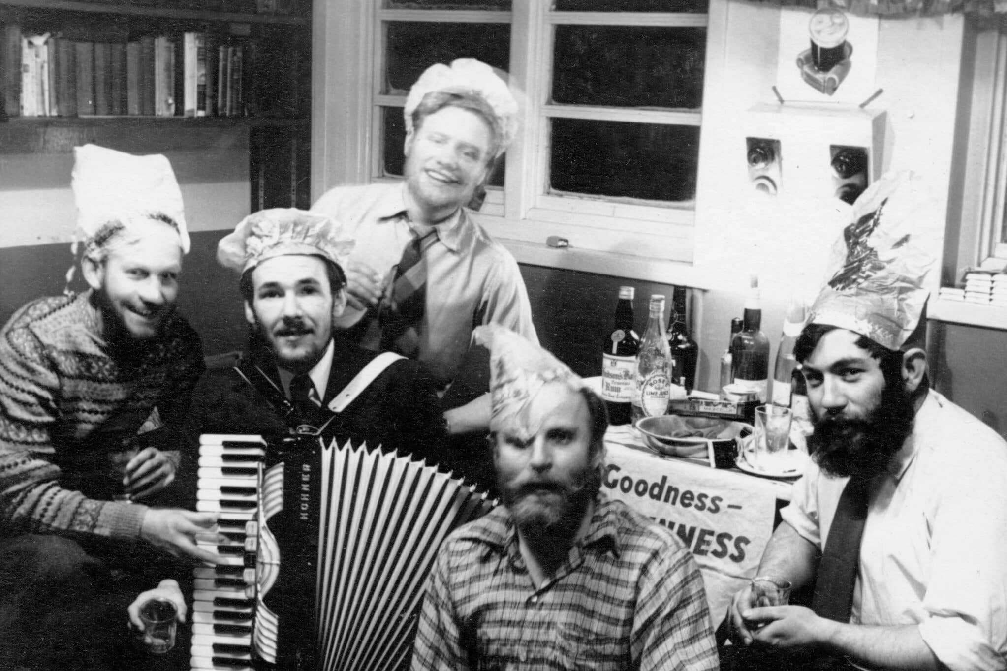 Dennis 'Tink' Bell (far right) during Christmas festivities at Admiralty Bay Base on King George Island in 1958