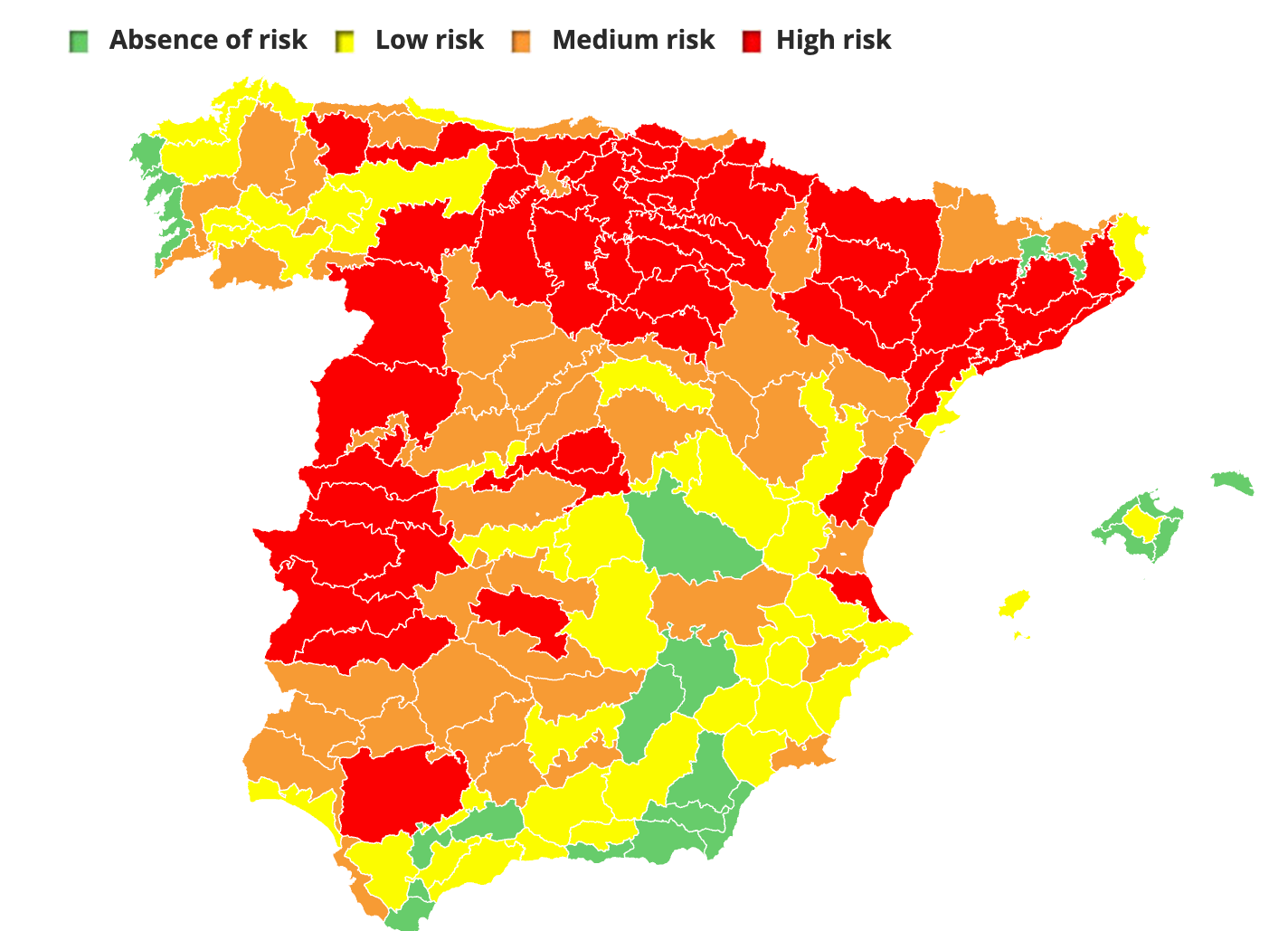 North and east parts of Spain were marked "high risk"